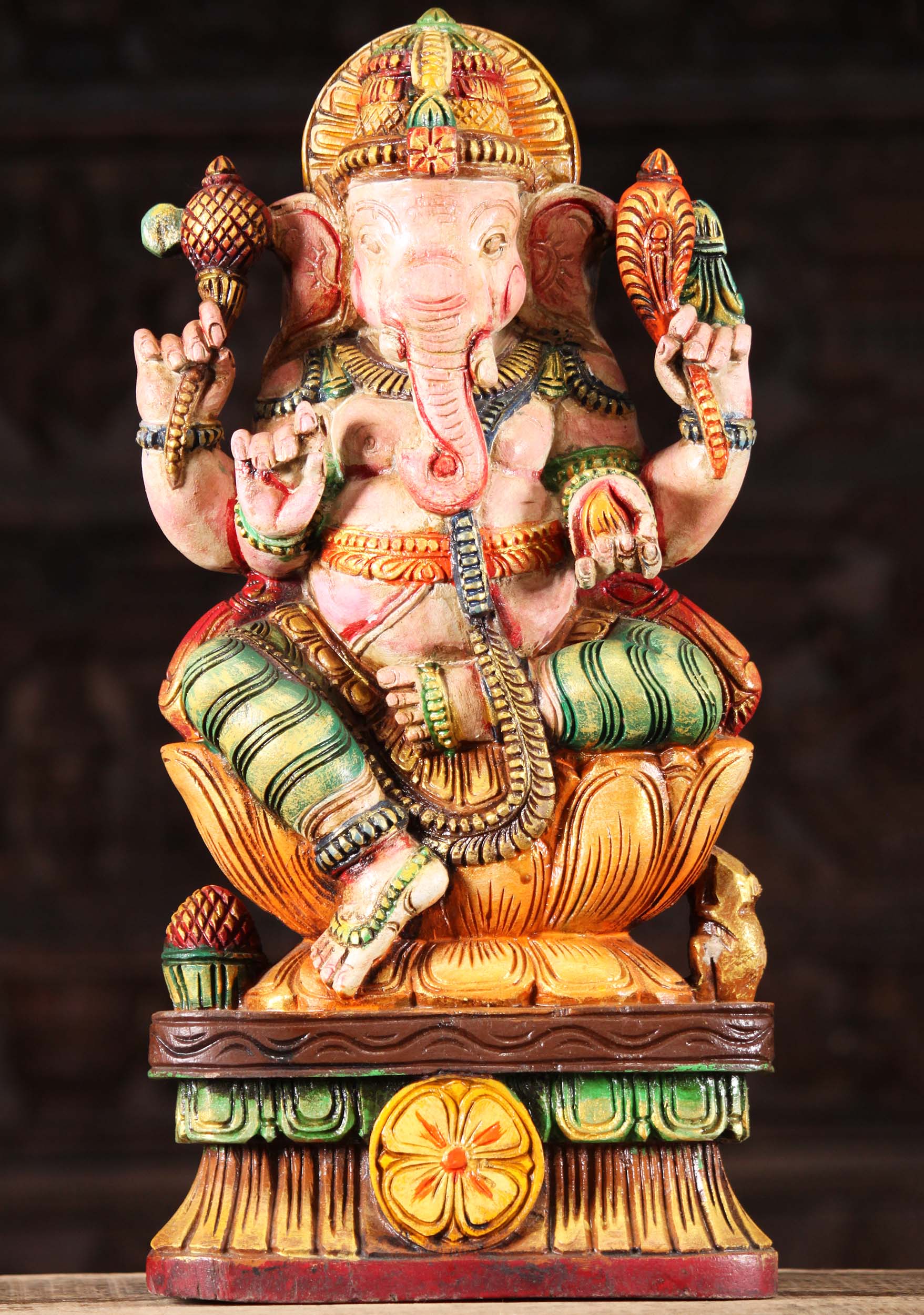 SOLD Wooden Ganapathi Carving Holding Mango 18&quot; (#98w16k): Hindu Gods