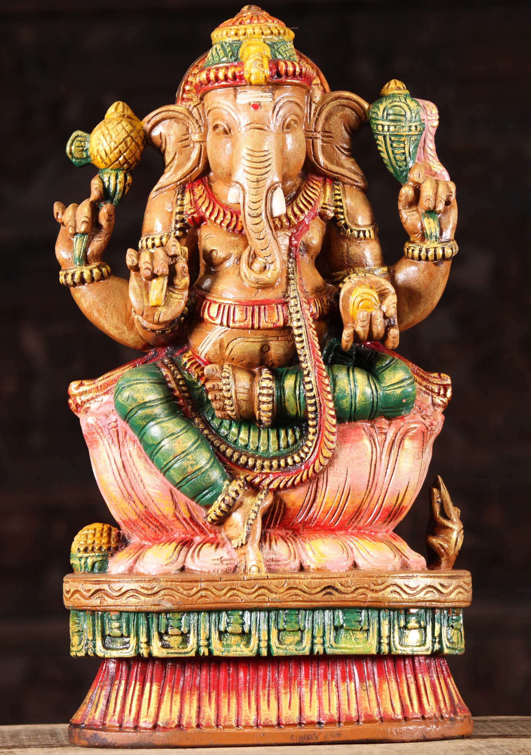 Wood Ganapathi Statue Holding Tusk 18"