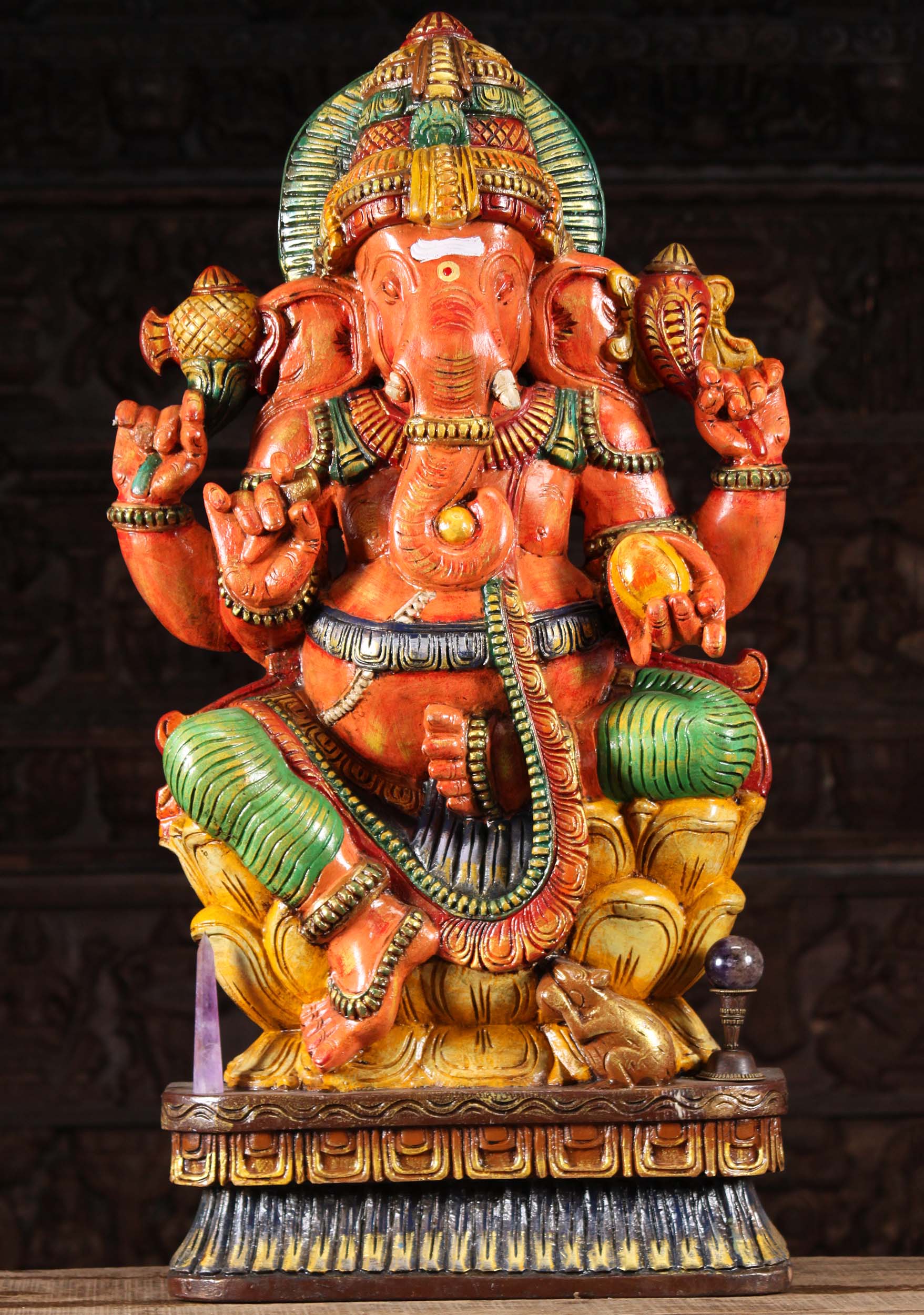 Wood Ganapathi Sculpture Holding Mango 36"