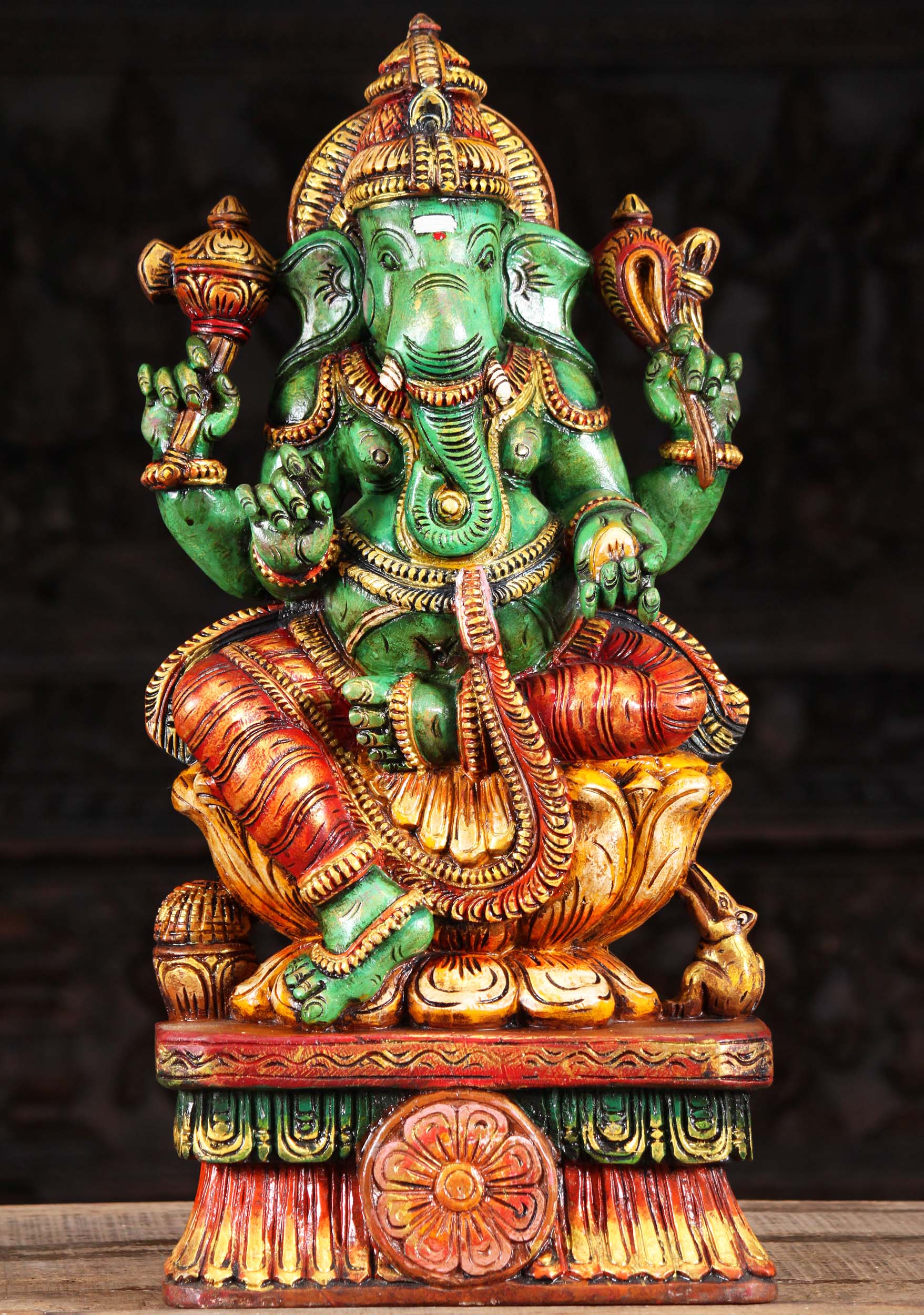 Wooden Green Ganapathi Carving 24"