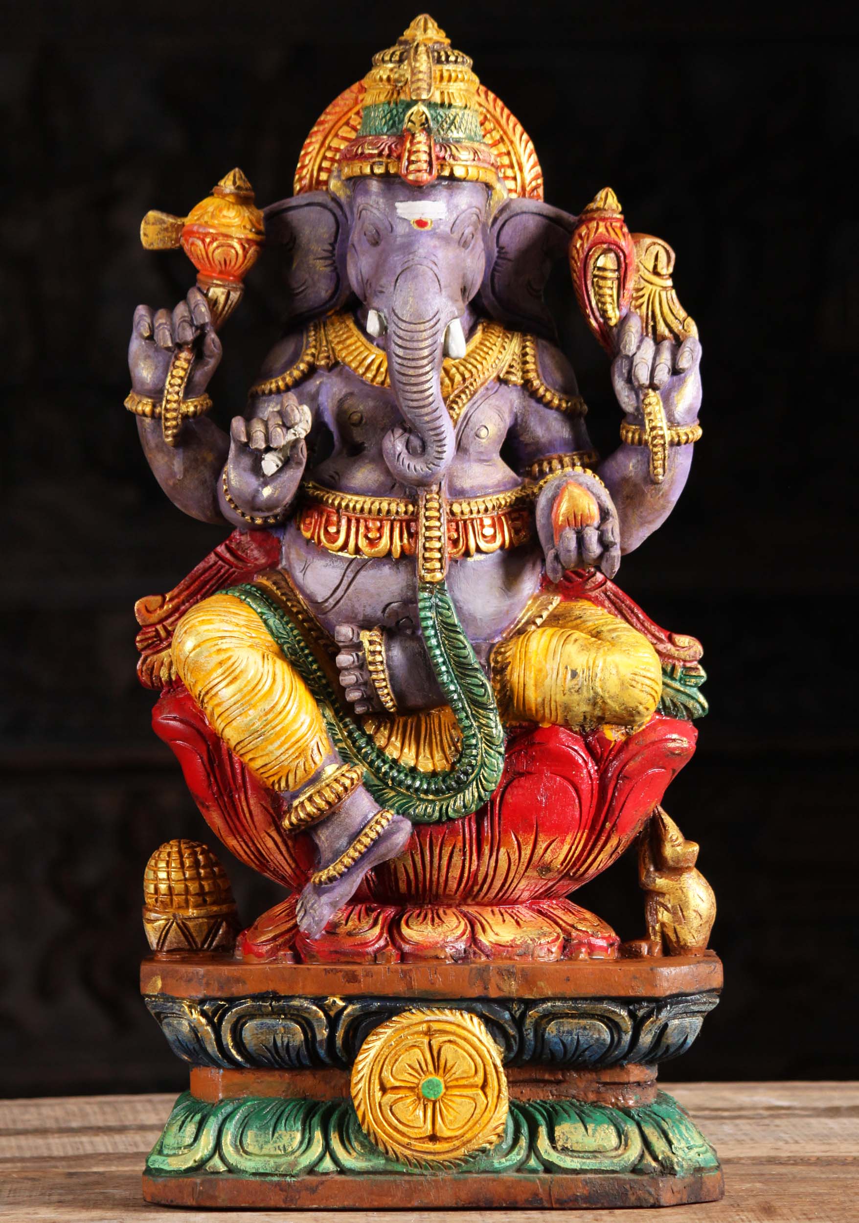 Wood Purple Ganesh Statue Holding a Mango 24"