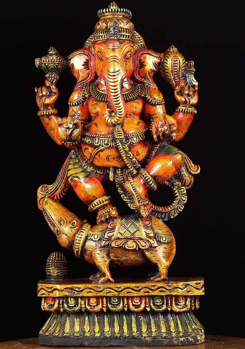 Painted Ganesh Statue Dancing on Rat 24"