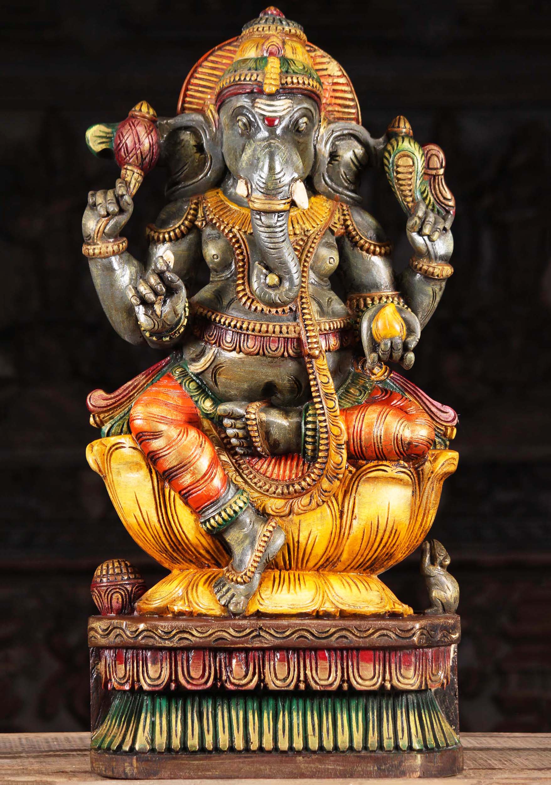 SOLD Wood Ganesha Statue Holding his Broken Tusk 24" (#94w9u): Hindu