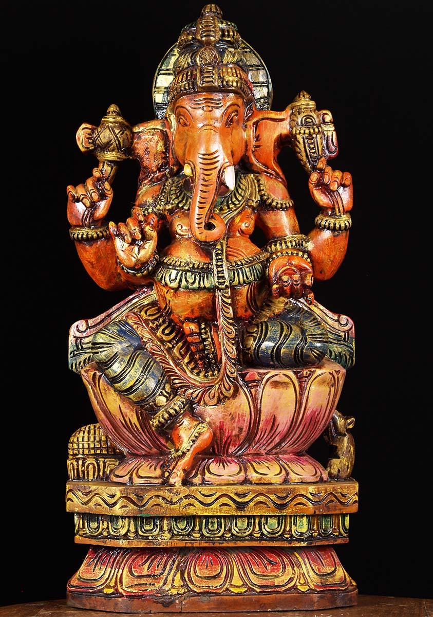 Wooden Painted Ganesha Sculpture 24"