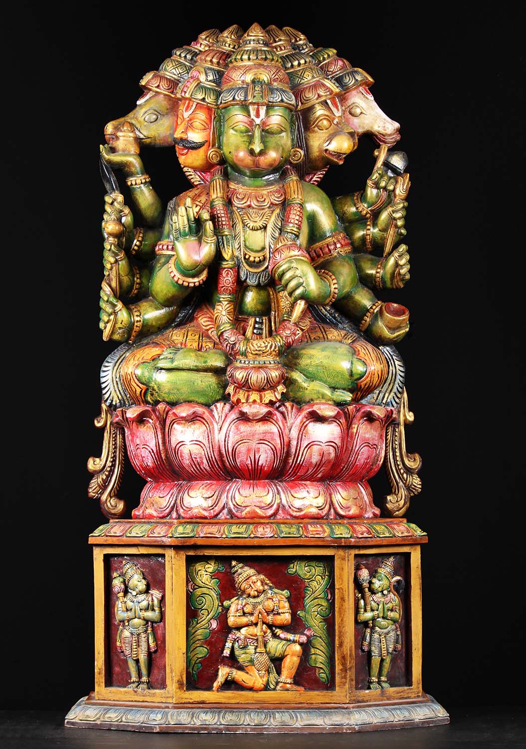 Wood Seated Panchamuhkti Hanuman Statue 48"