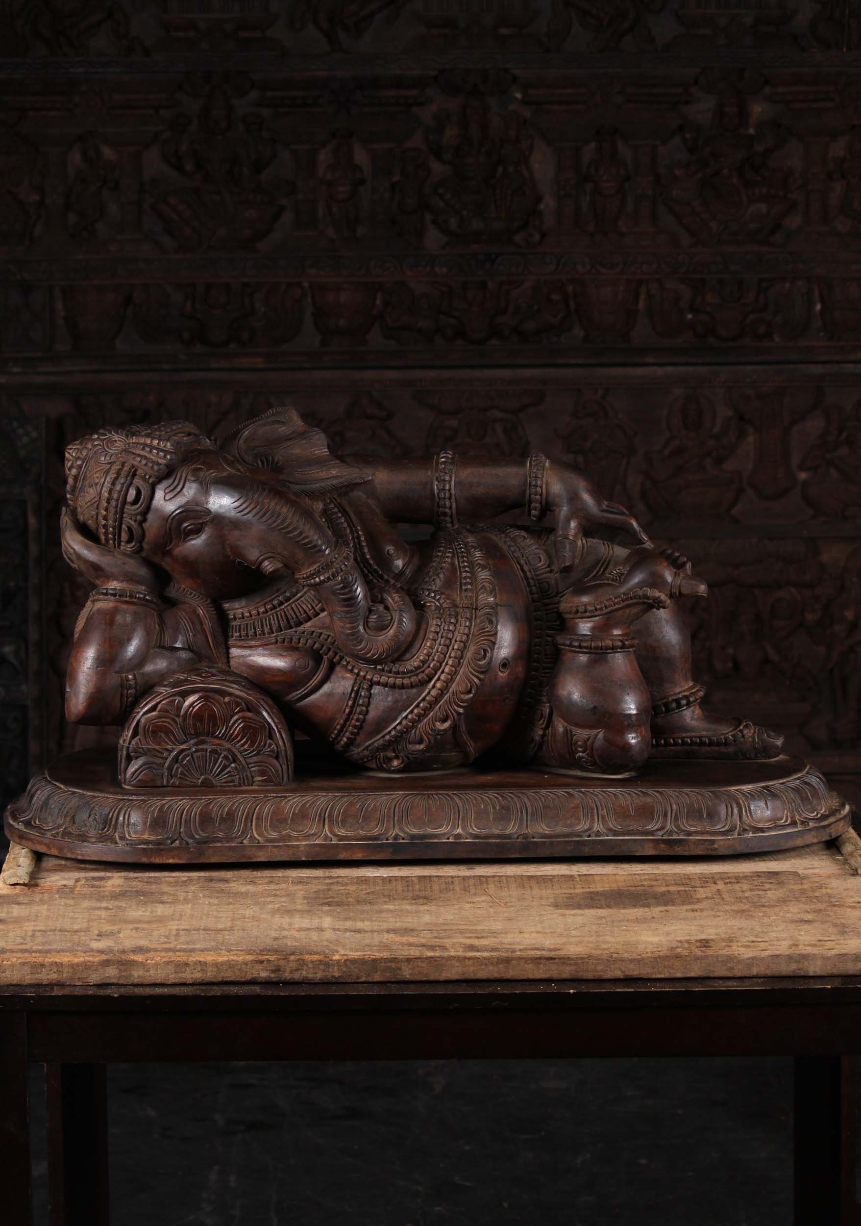 Wood Sleeping Ganesh Relaxing on a Pillow 34"