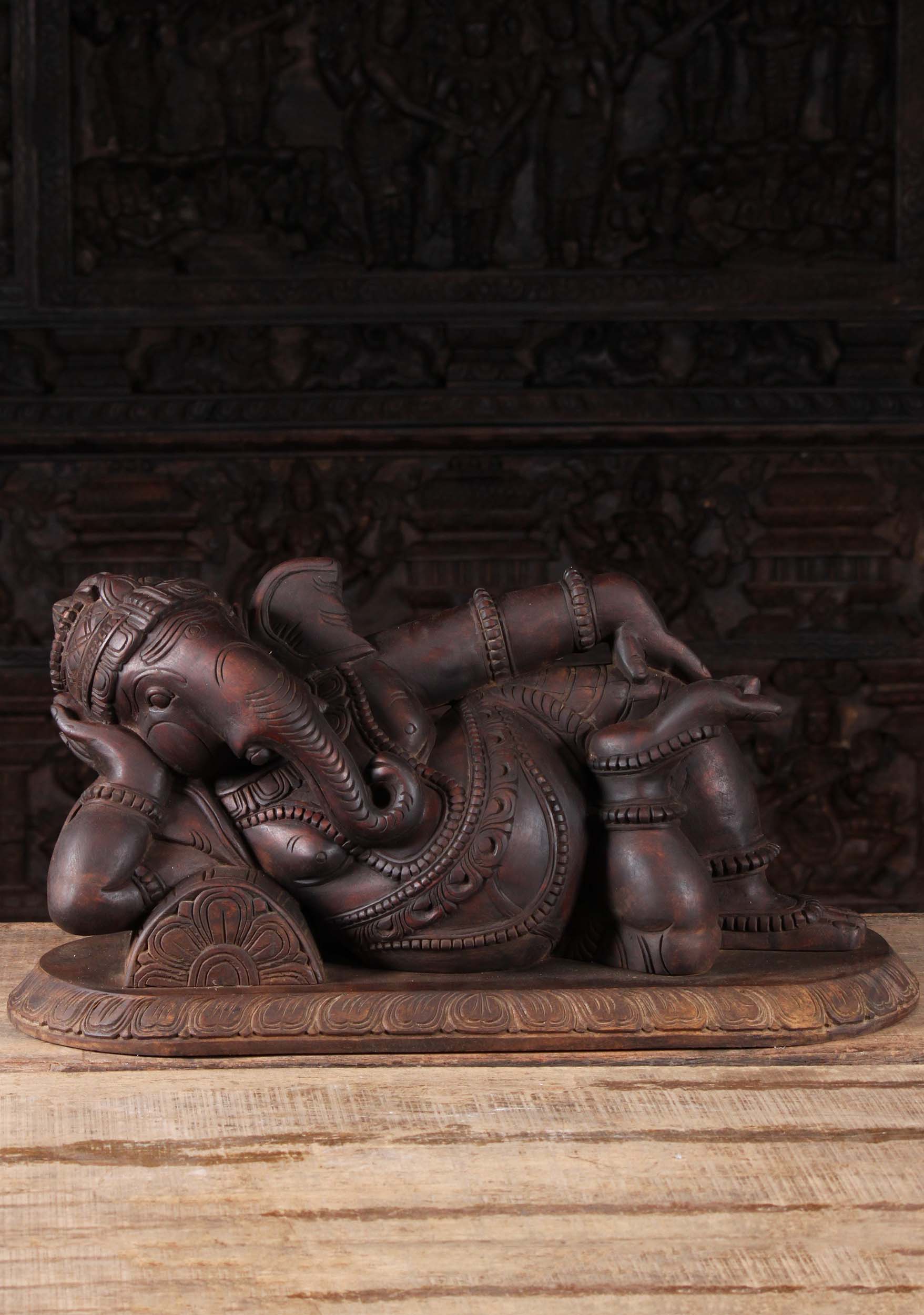 Wooden Reclining Ganesha Sculpture 35"