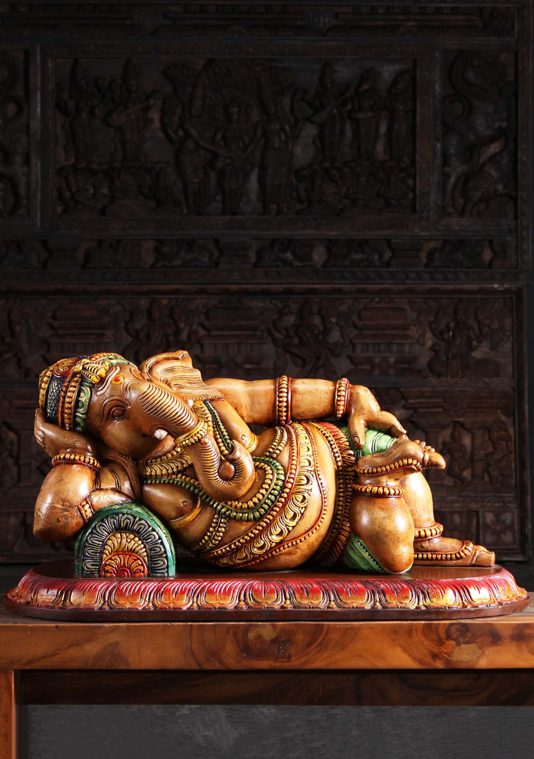 Wooden Reclining Ganesha Statue 35"