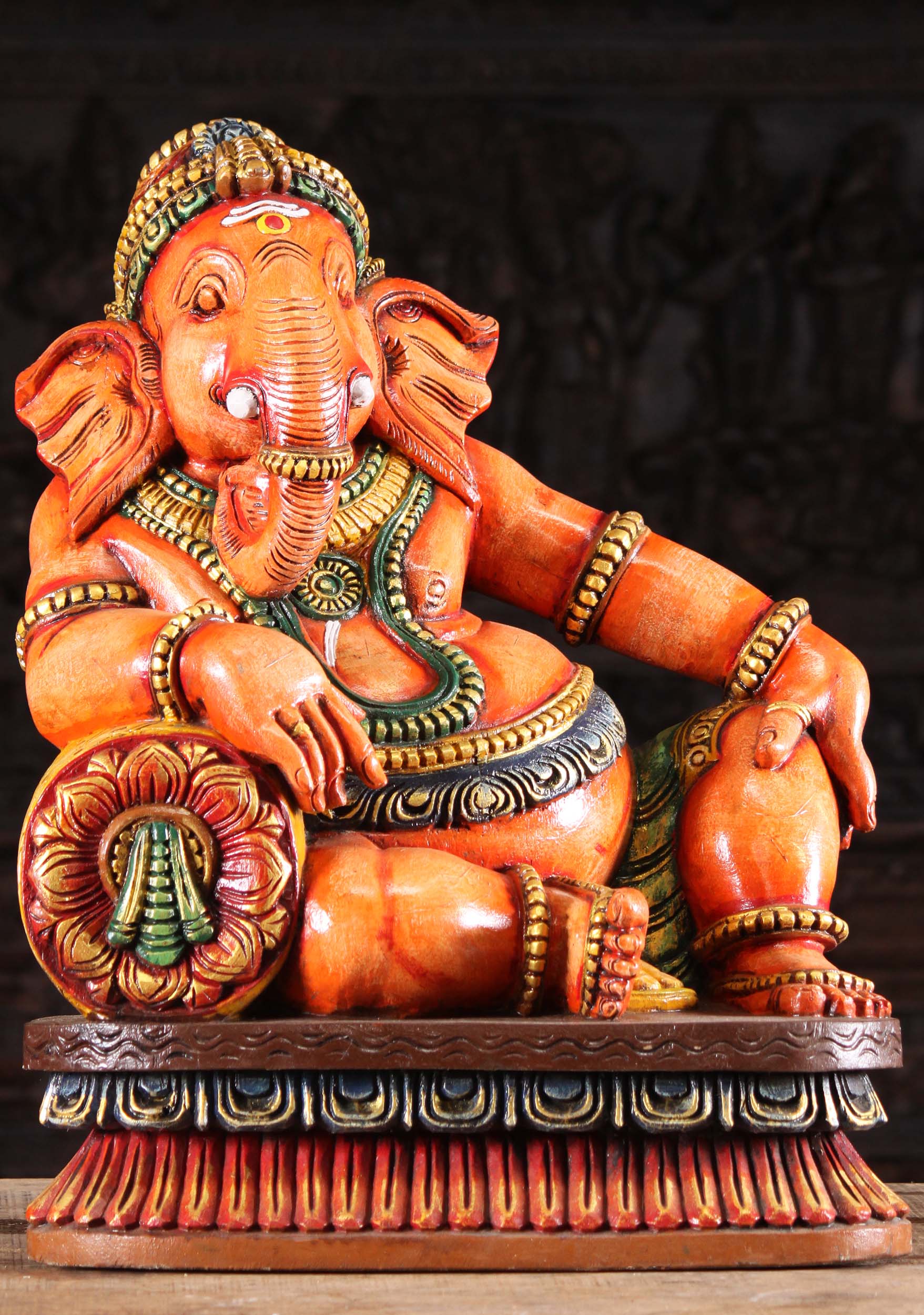 Wooden Relaxing Ganesha Sculpture On Pillow 24"