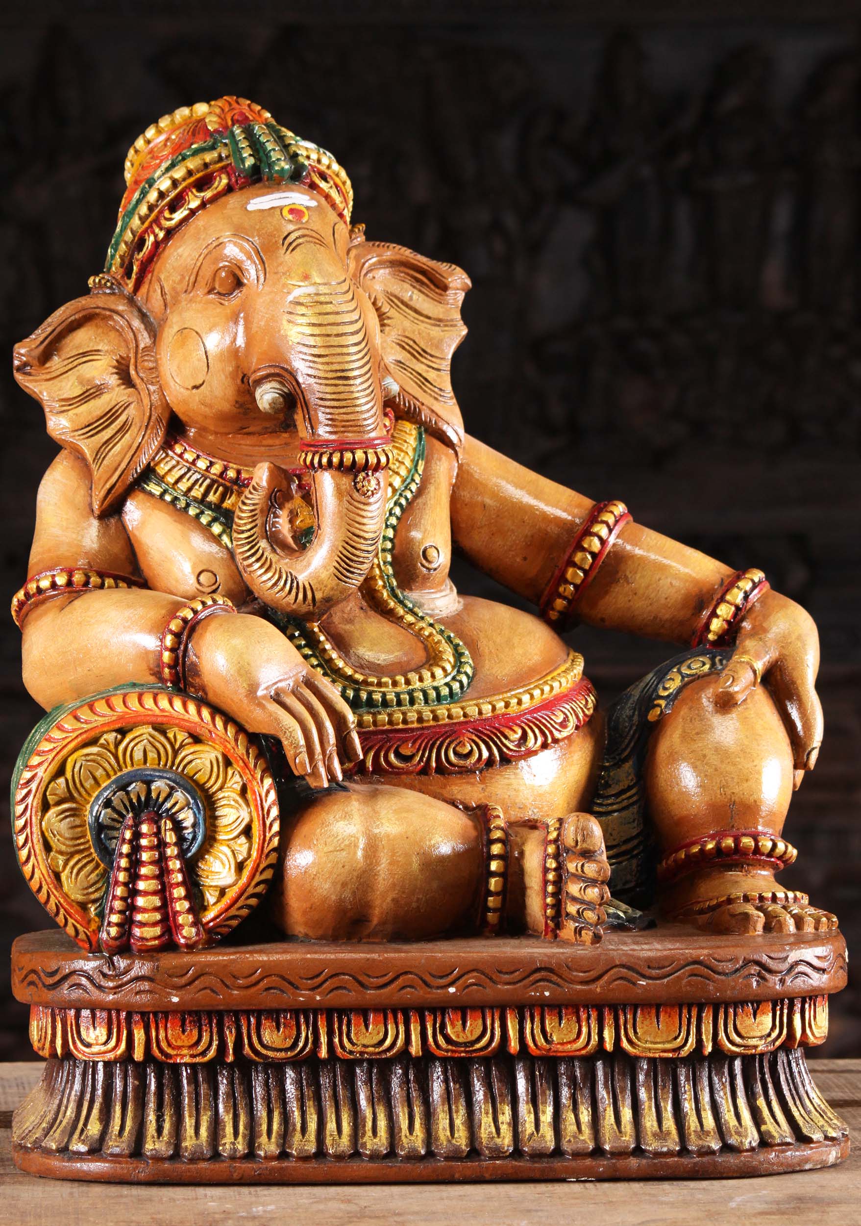 Wooden Relaxing Ganesha Statue on Pillow 24"