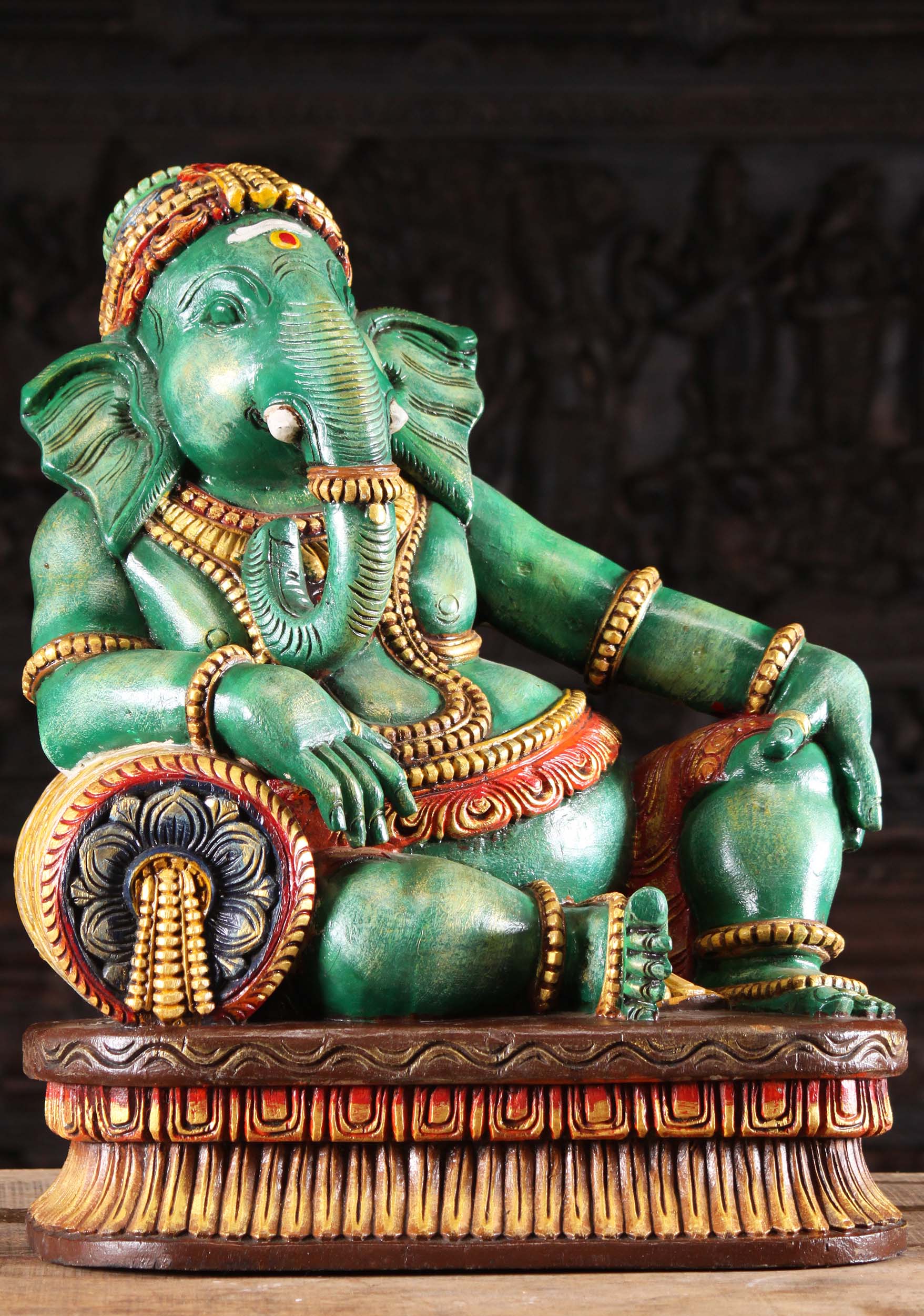 Wood Relaxing Green Ganesh Statue on Pillow 24"