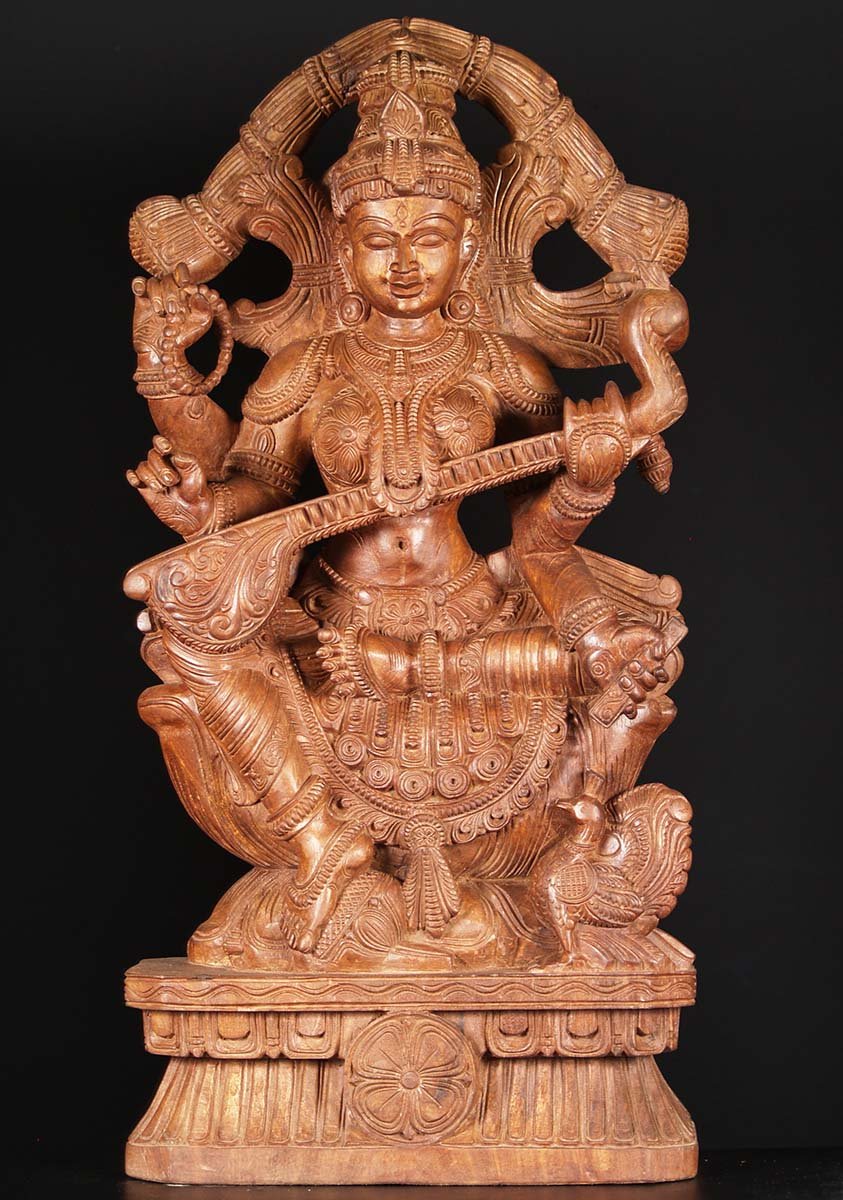 Wooden Saraswati Carving Playing Veena 36"