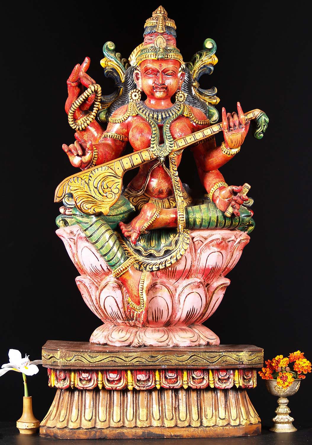 Wooden Saraswati Playing the Veena Statue  36"