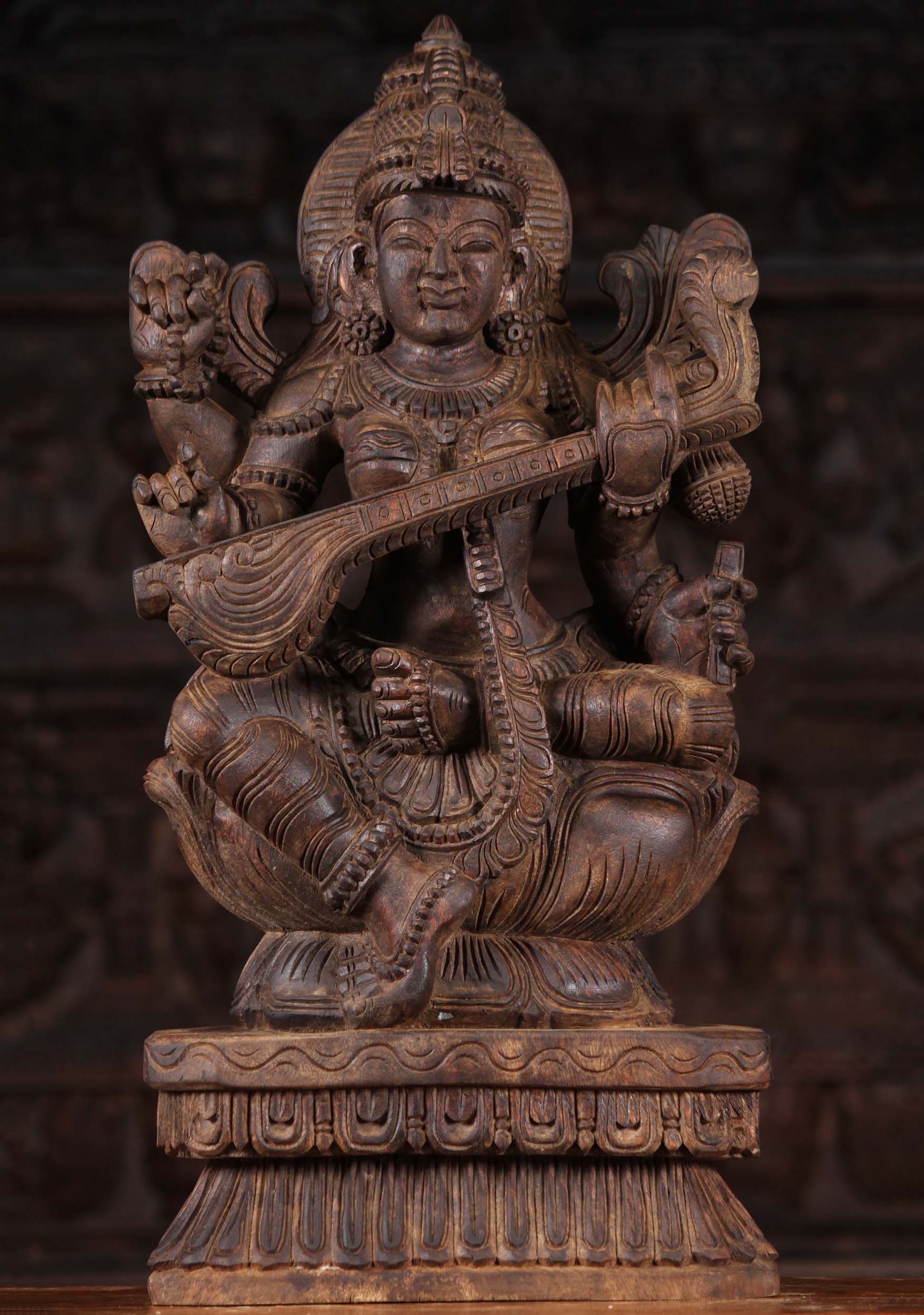 Wooden Saraswati Playing Veena Statue 24"