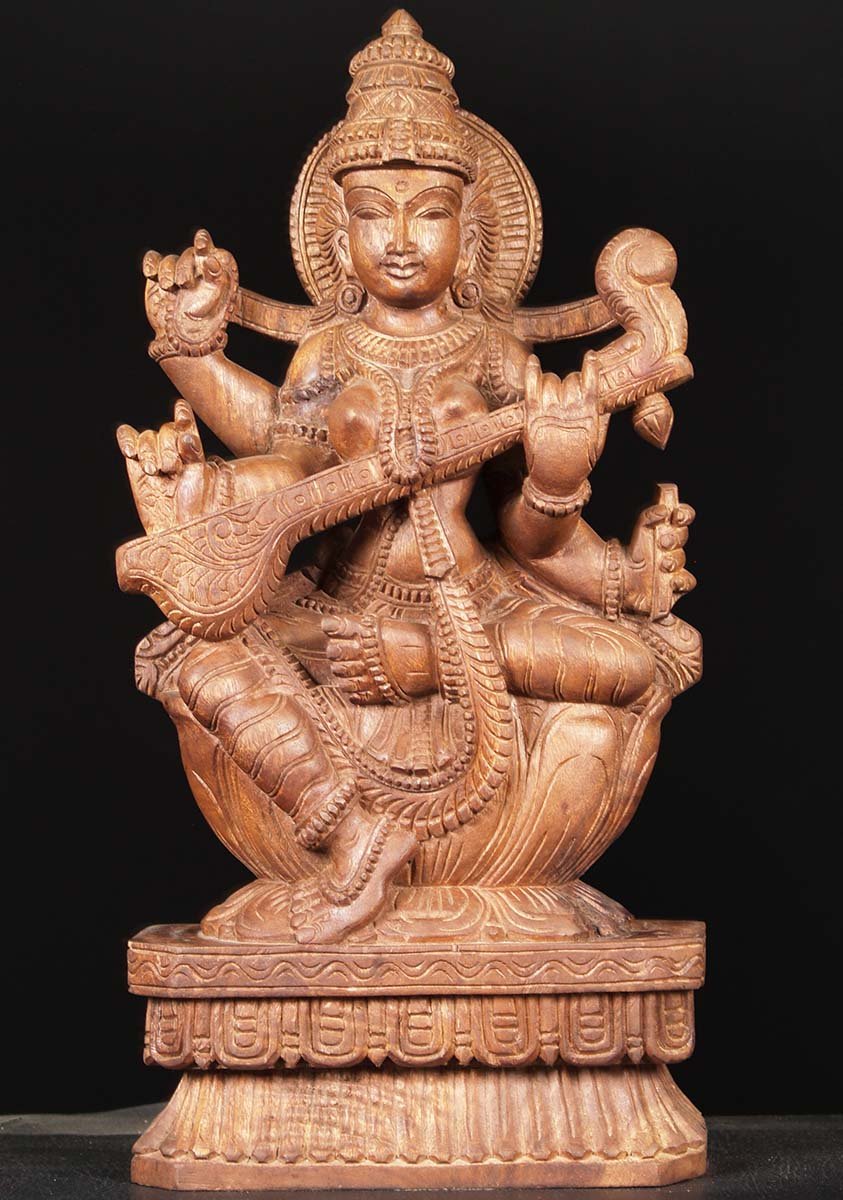 Wooden Saraswati Statue Playing the Veena 24"