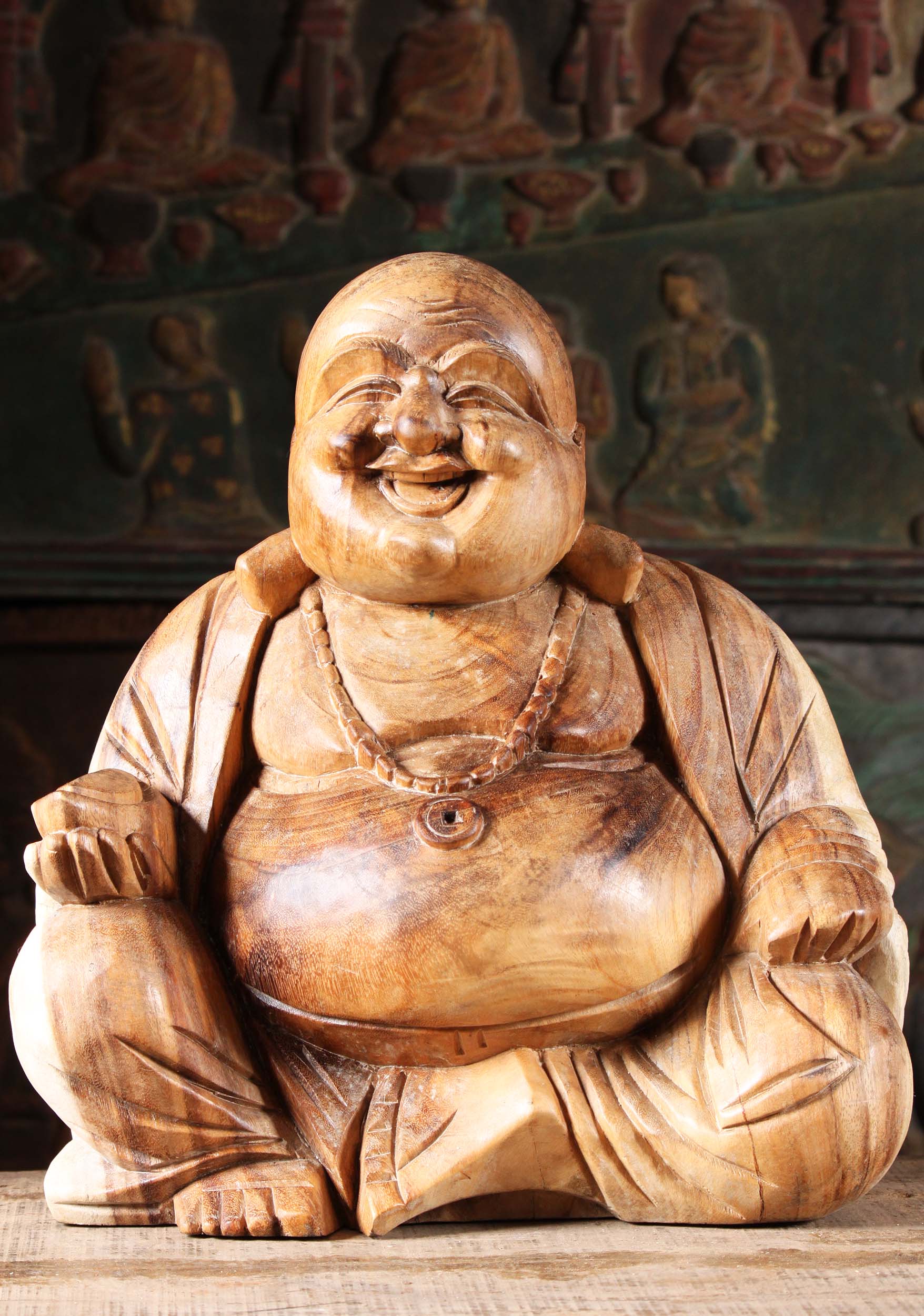 SOLD Wooden Seated Fat & Happy Buddha Sculpture 16