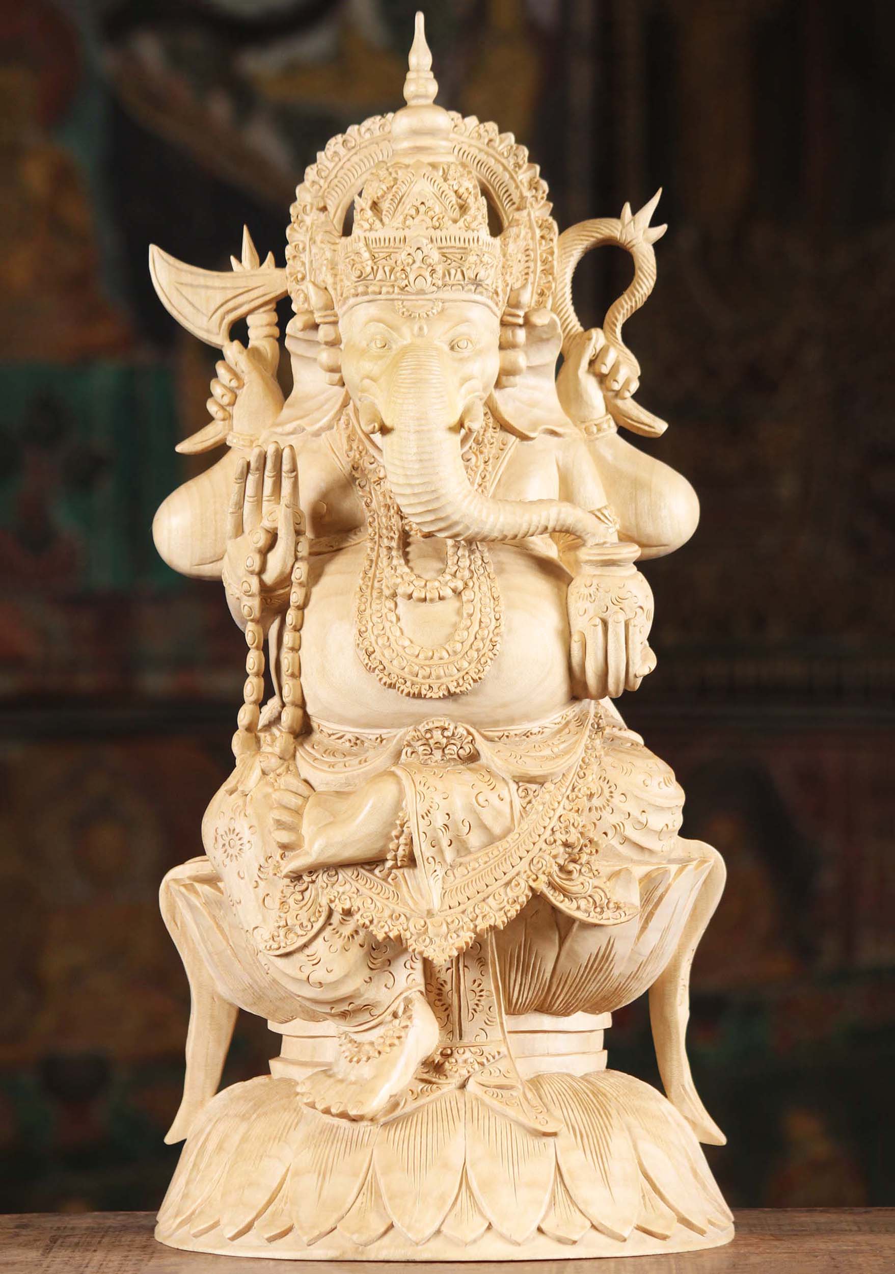 Wooden Seated Ganesh Statue Holding Malas 20"