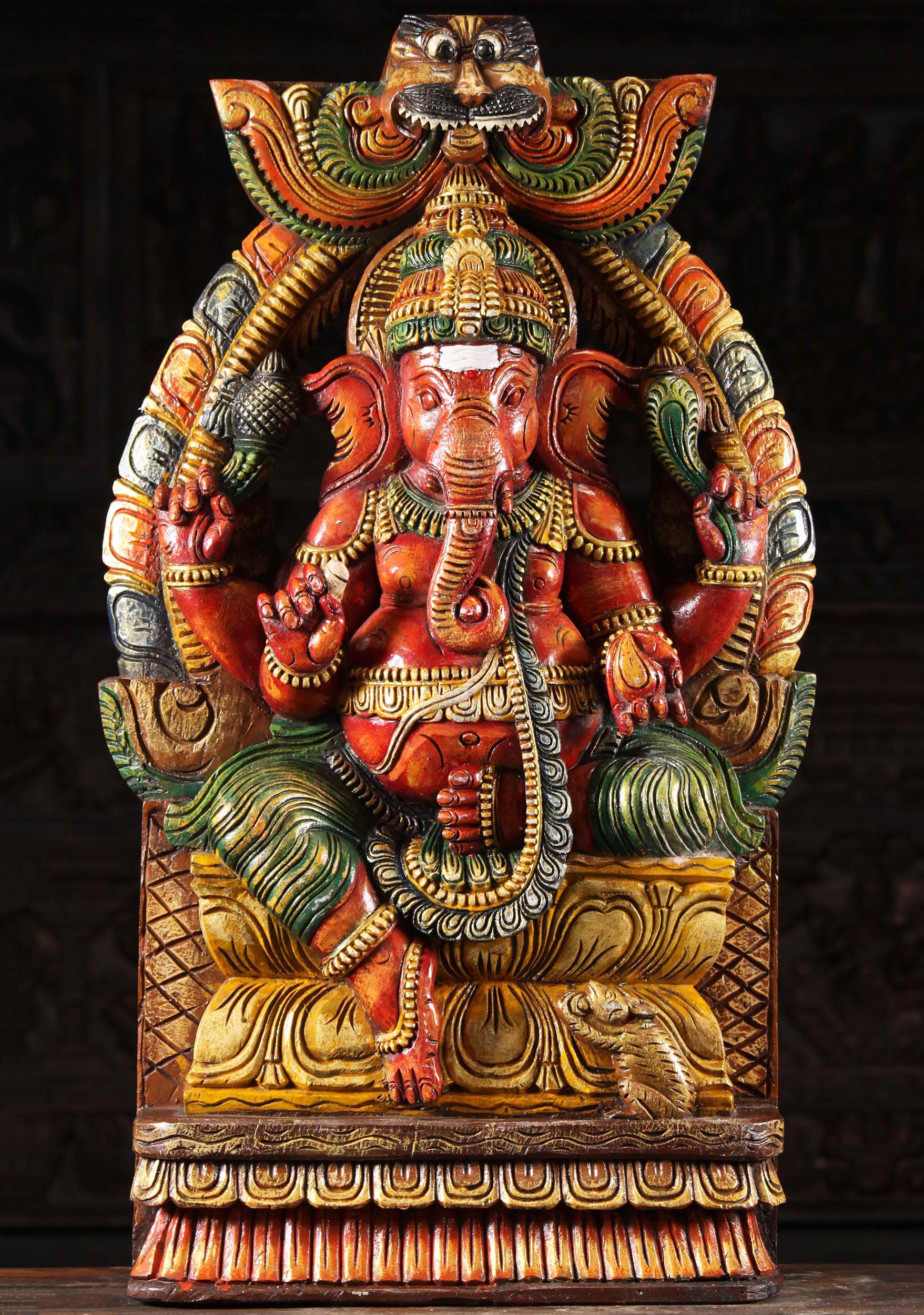 Wooden Seated Ganesh Statue Under Arch 35"