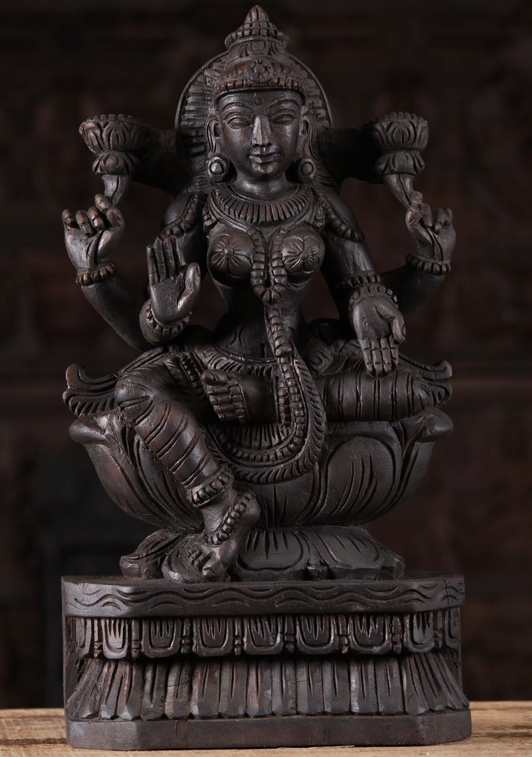 Wooden Seated Lotus Flower Lakshmi Statue 18"