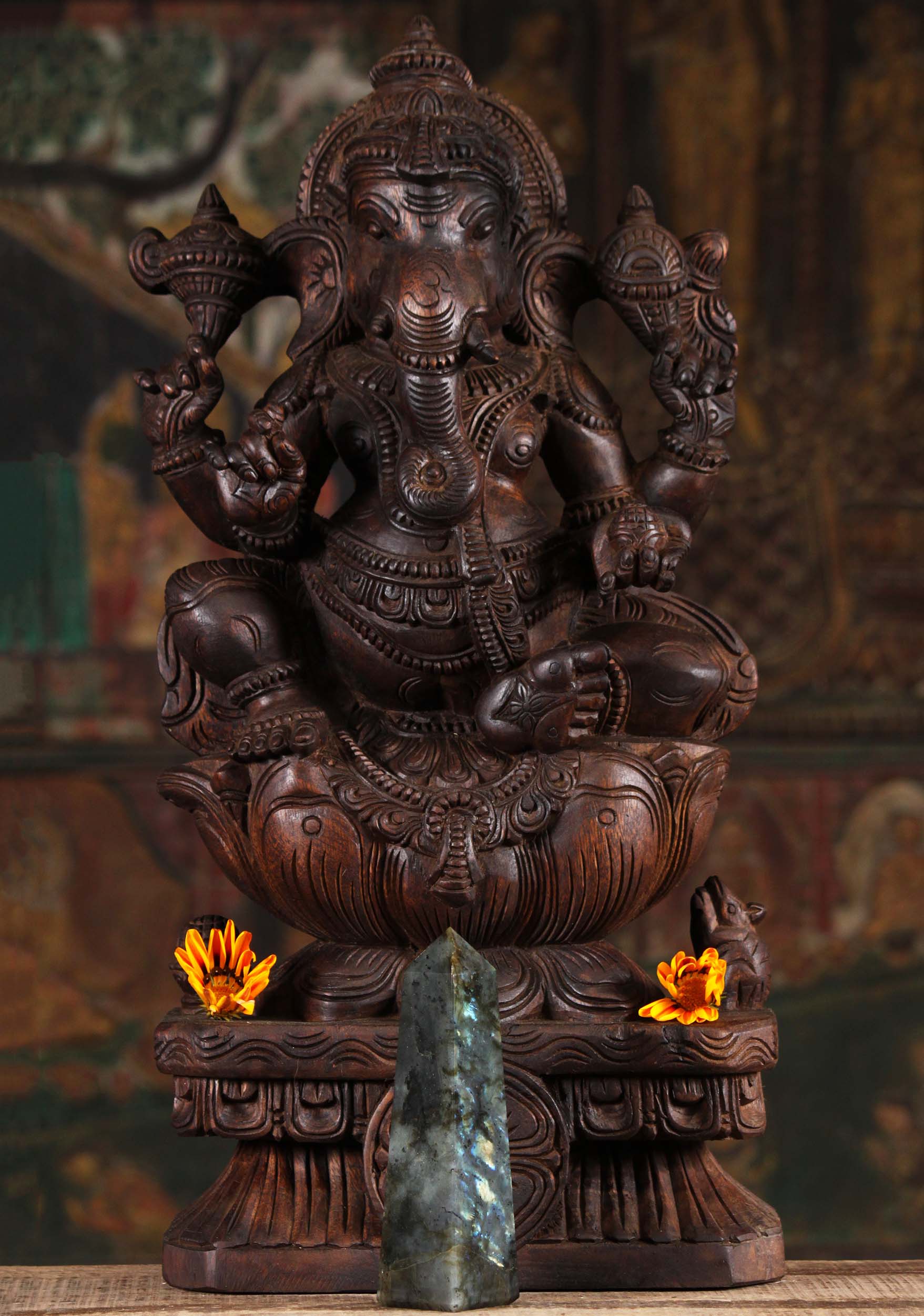 Wood Ganesha Statue with OM Sign on Trunk 24"