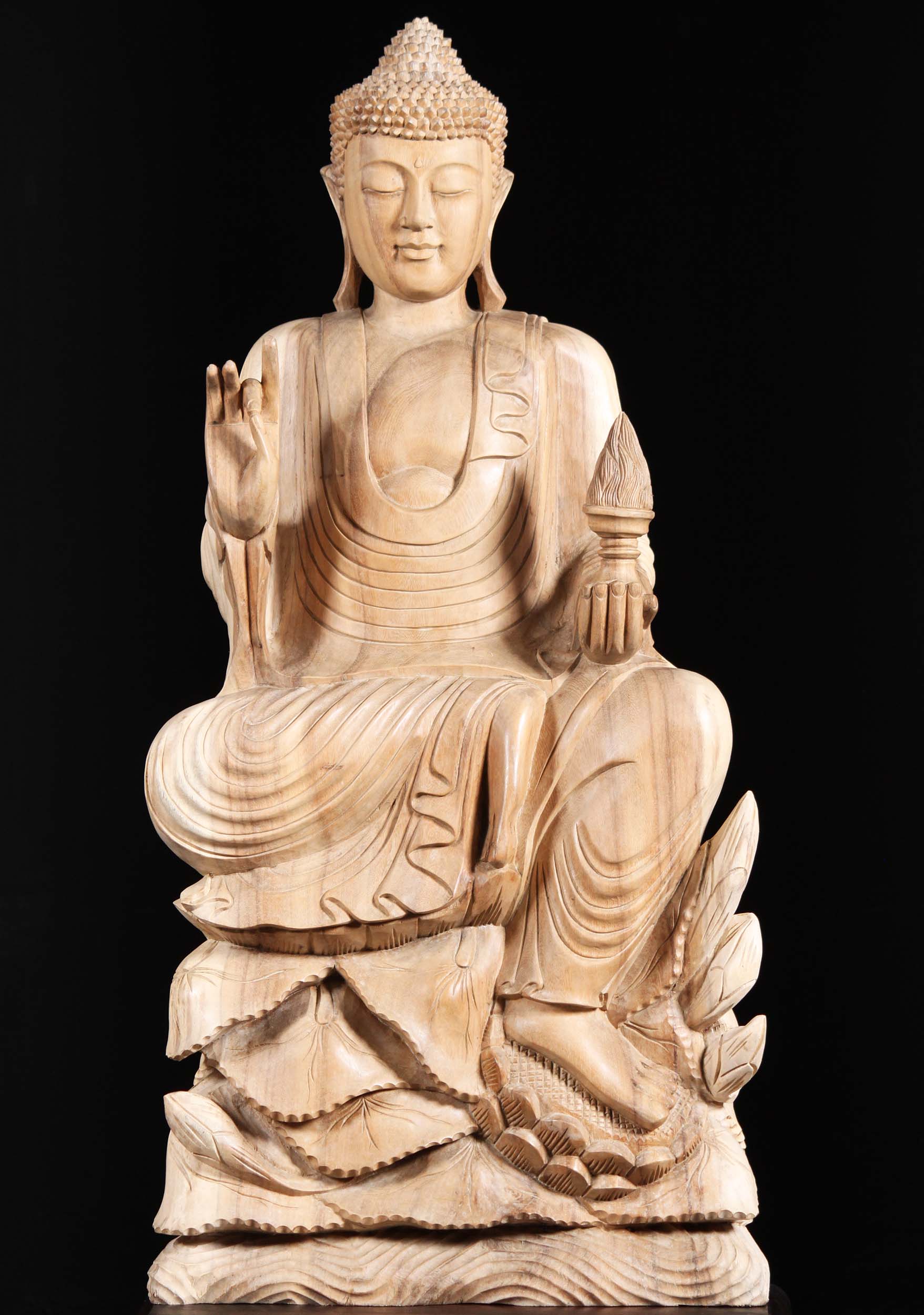 Wood Teaching Buddha Statue Holding Fire 42"