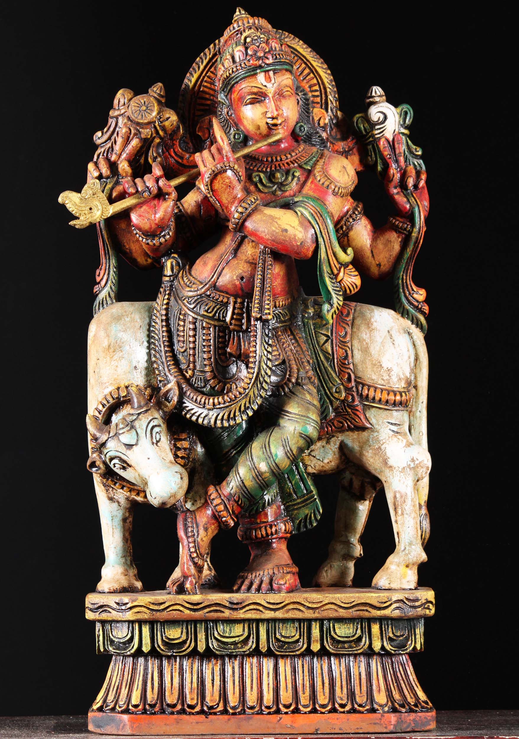 Wood Colorful Venugopal Statue with Cow 24"