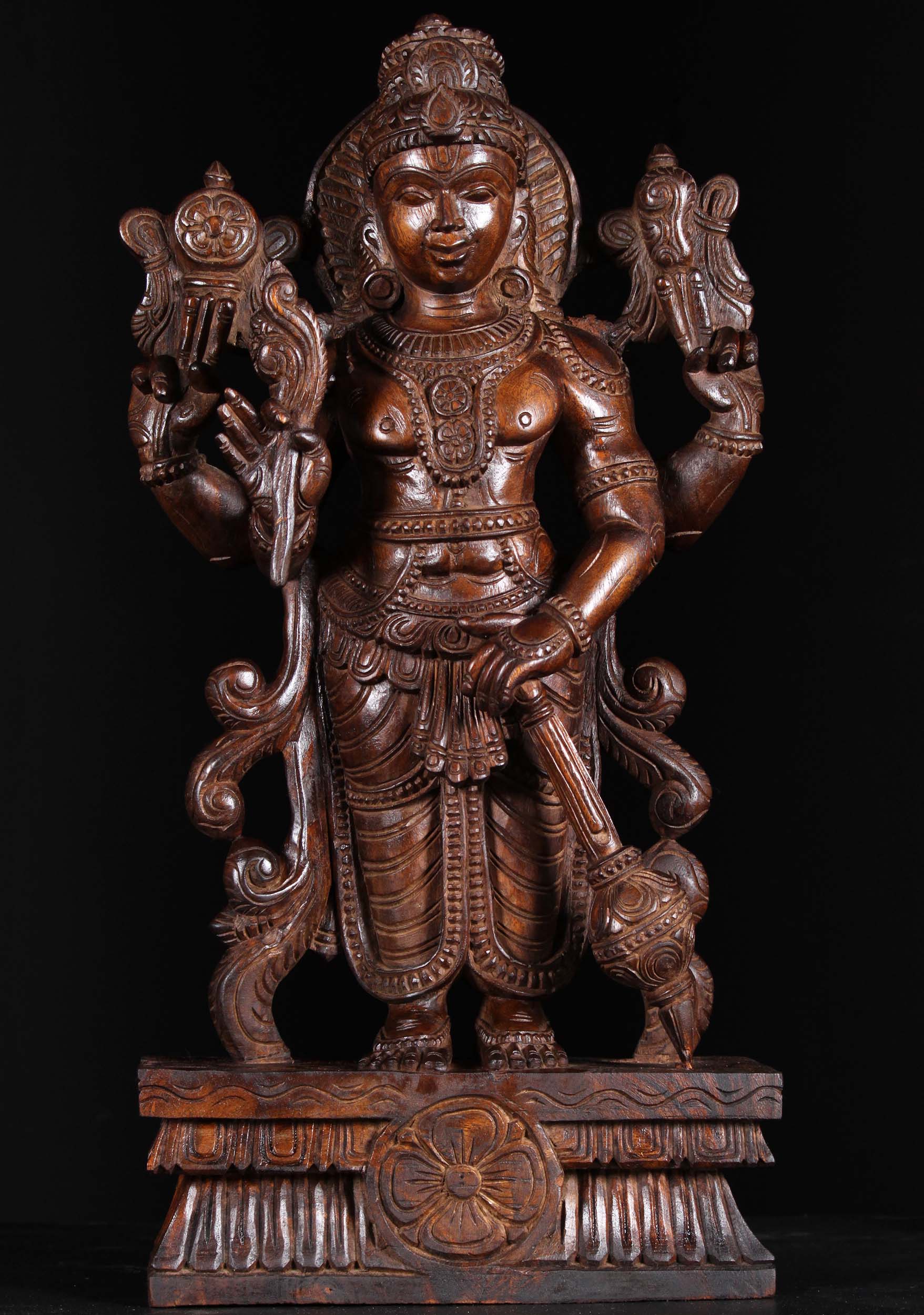 Wooden Vishnu Statue Holding Large Club 24"