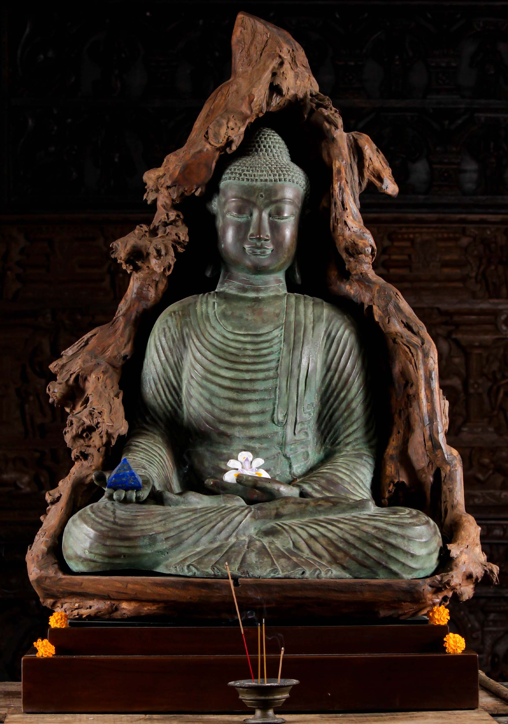 Very Unique Brass Buddha Statue Framed Inside Natural Tree Wood on Wood Base 46"