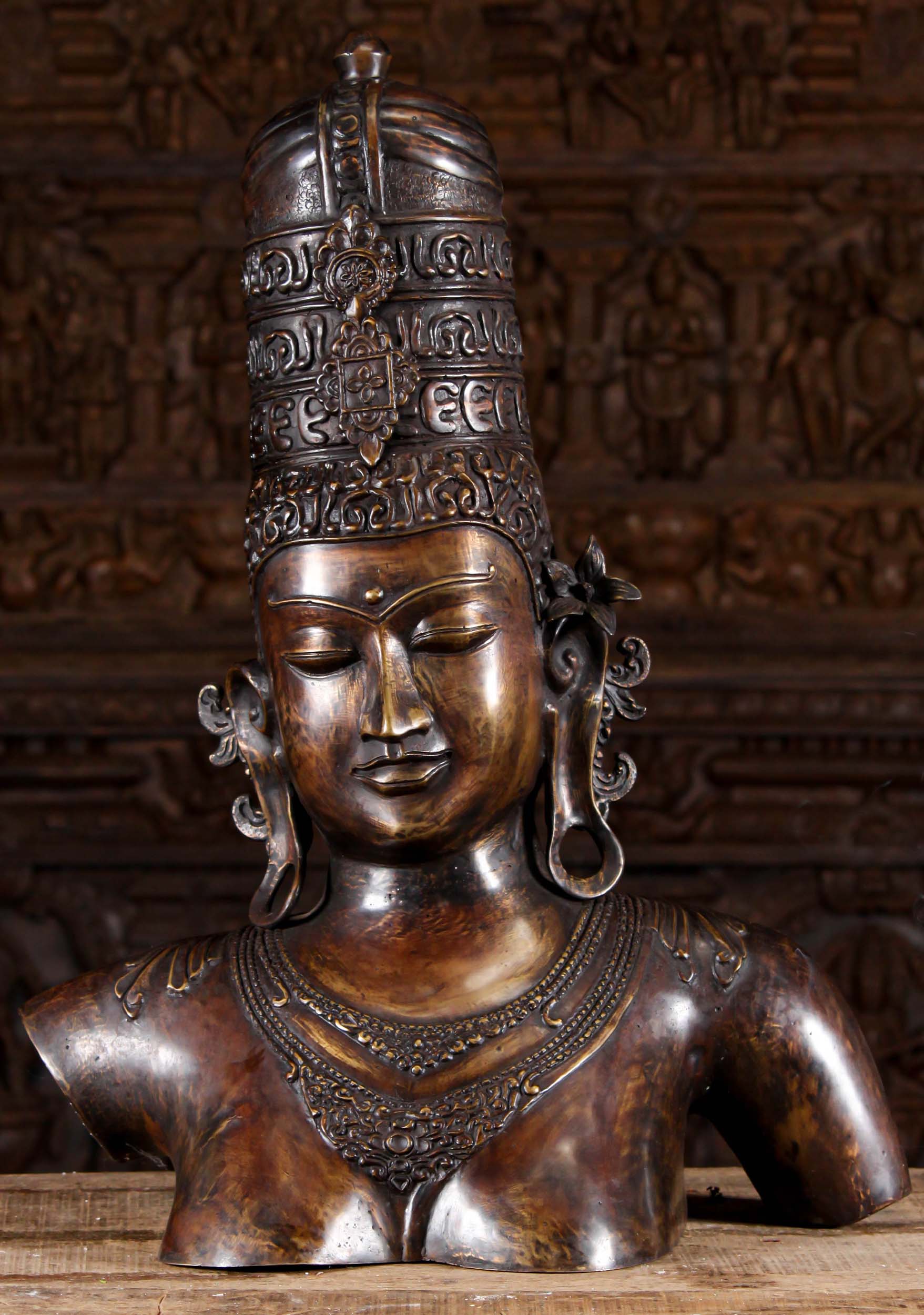 Brass Bust of Beautiful Parvati with Large Conical Crown, Bindi & Flower Behind Her Ear 30.5"