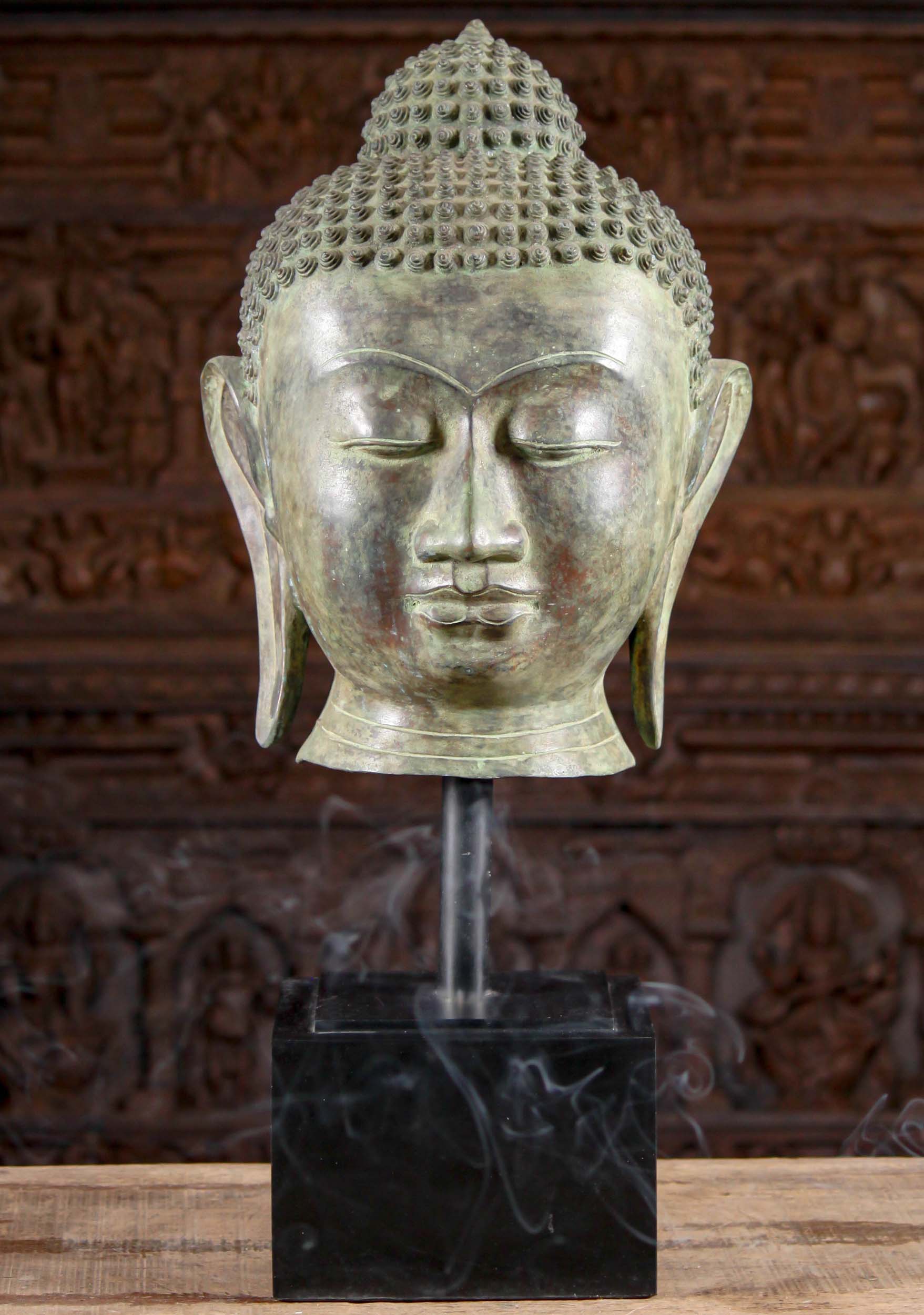 Large Brass Bust of Lord Buddha on Stand 30.5"