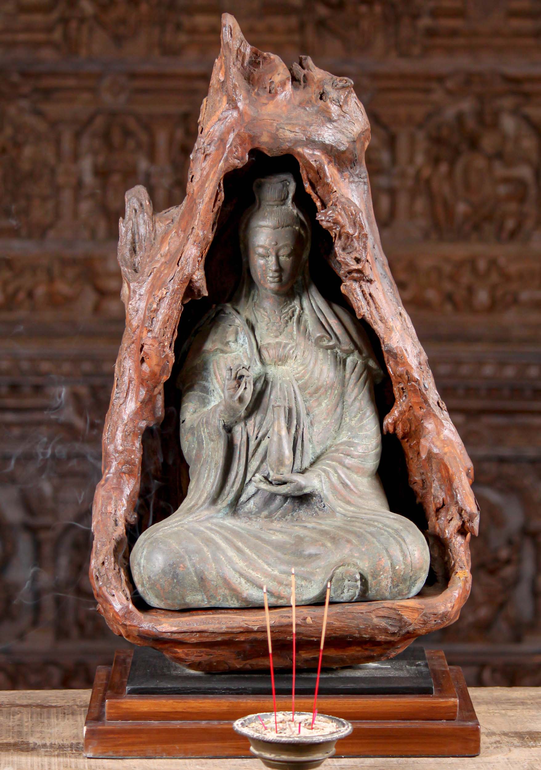 Brass Kwan Yin Stautue Seating in Wood 27.5"