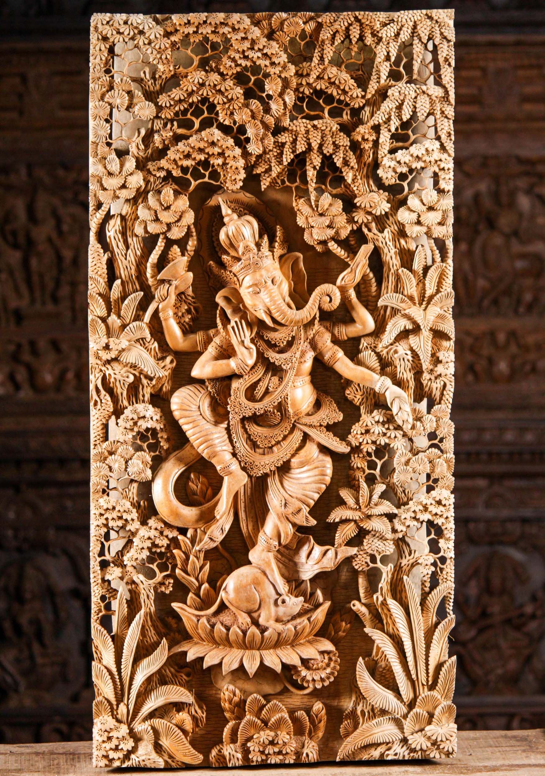 Wood Panel of Ganesh Dancing Under Trees 39.5"