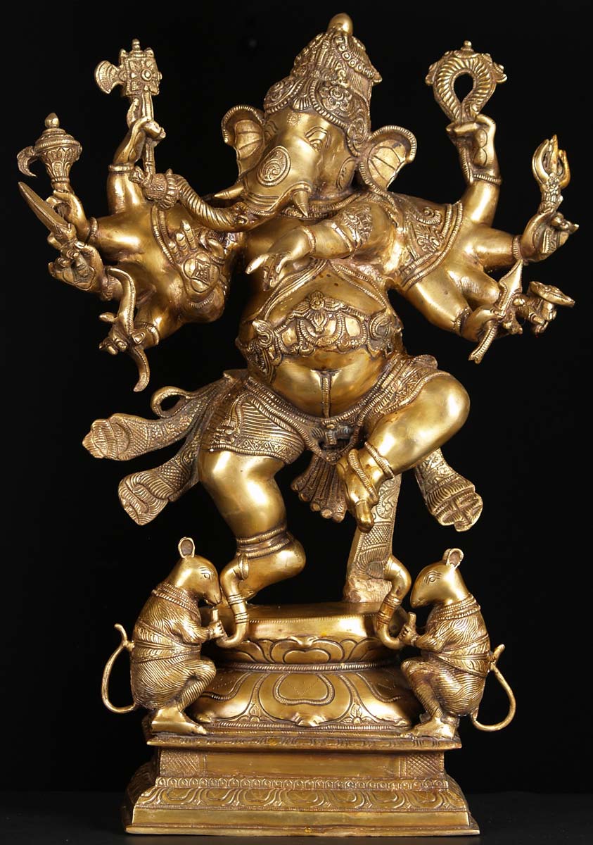 Brass 10 Armed Dancing Ganesh Sculpture Holding Weapons with 2 ...