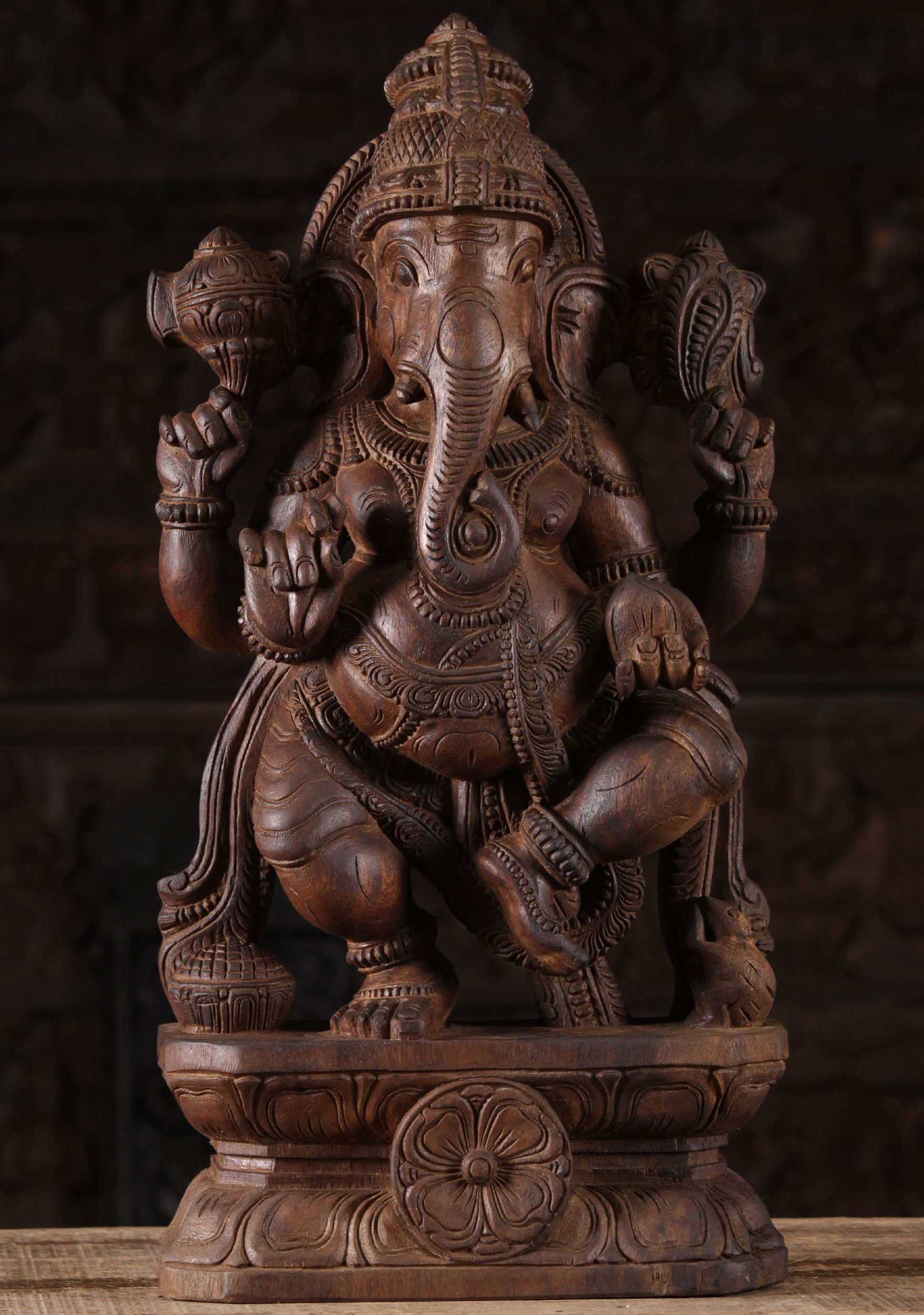 Wooden Dancing Ganesha Sculpture 24"