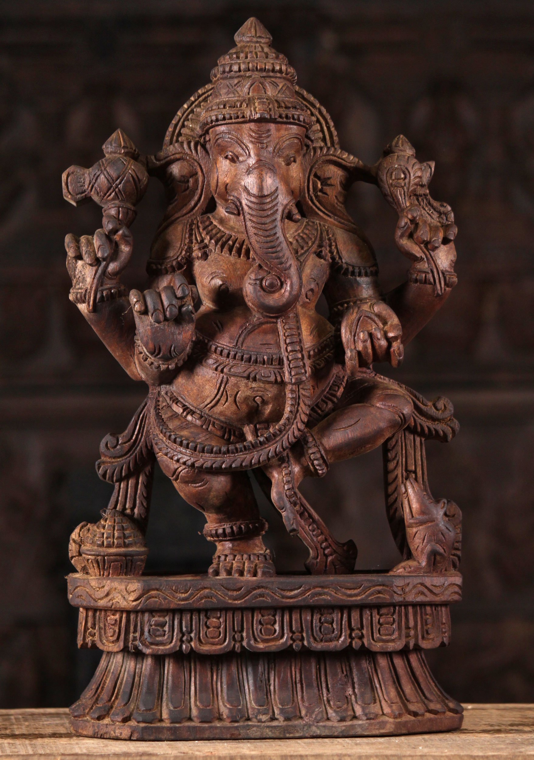 Wooden Dancing Ganesha Sculpture 18"