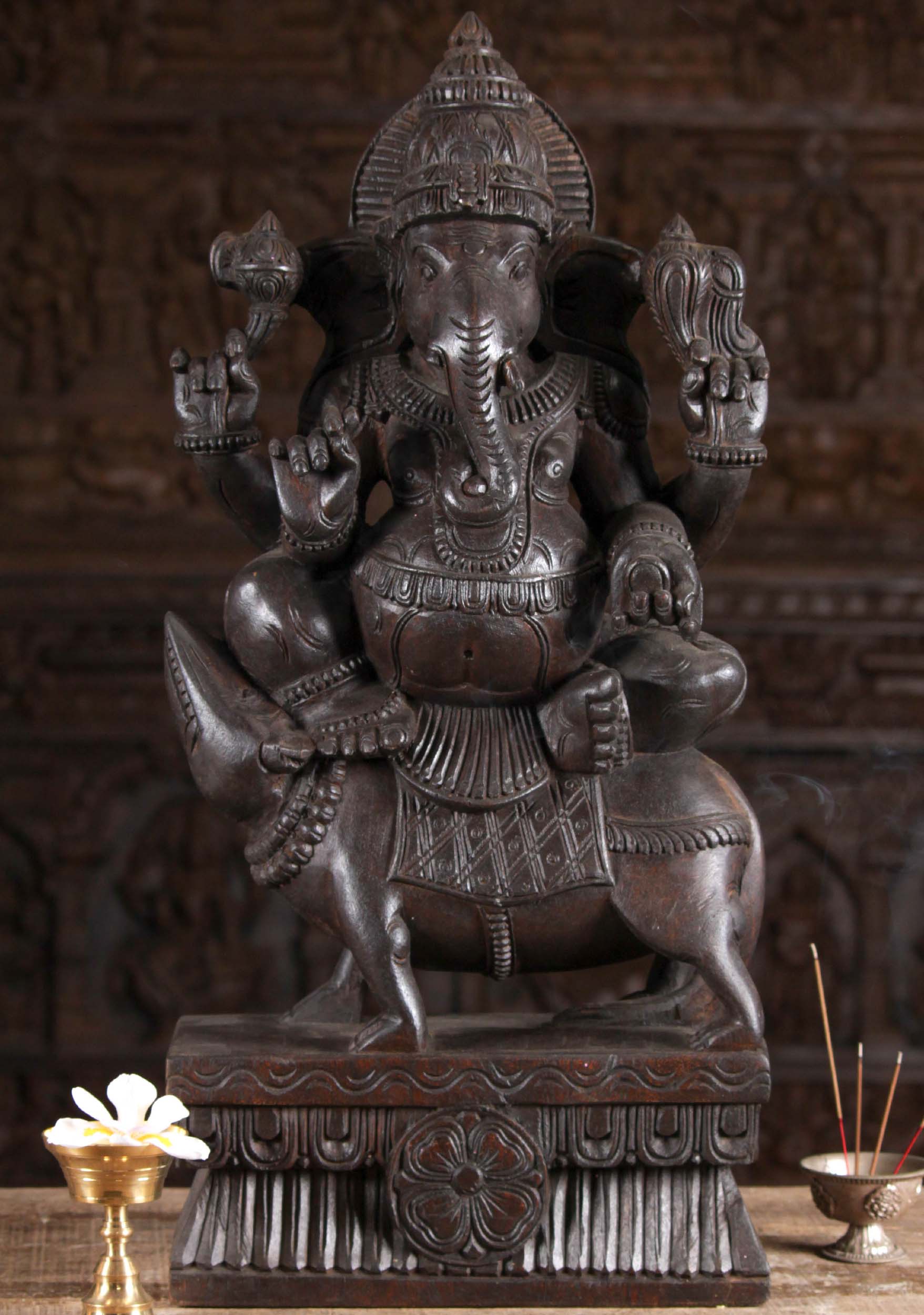 Dark Wooden Ganesha Seated on Rat 24"