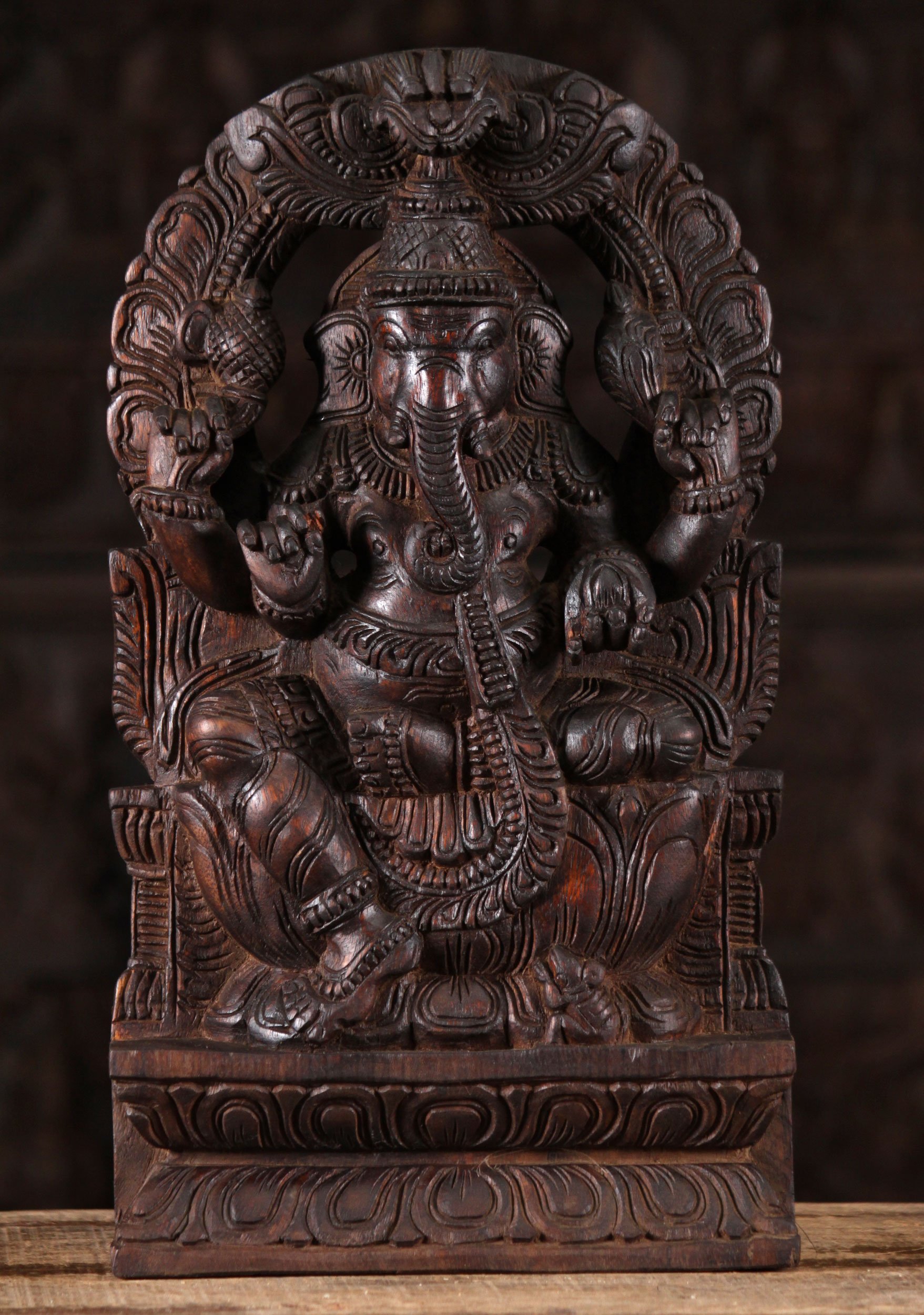 Dark Wood Ganesha Statue with Arch 18"