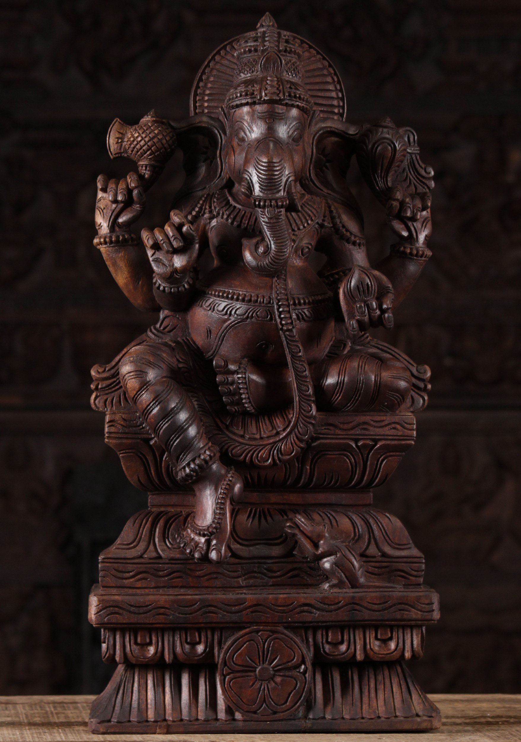 Dark Wood Lalitasana Ganesha Statue 24"