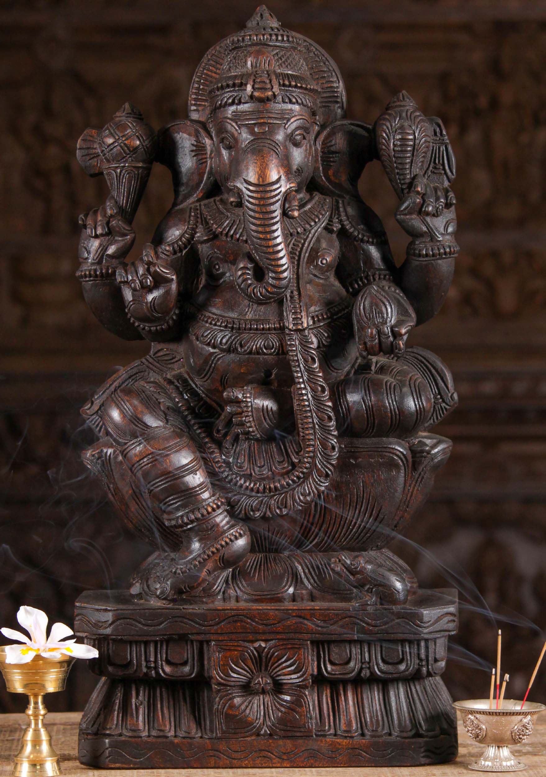 Dark Wood Seated Ganesh Statue with Modak 24"