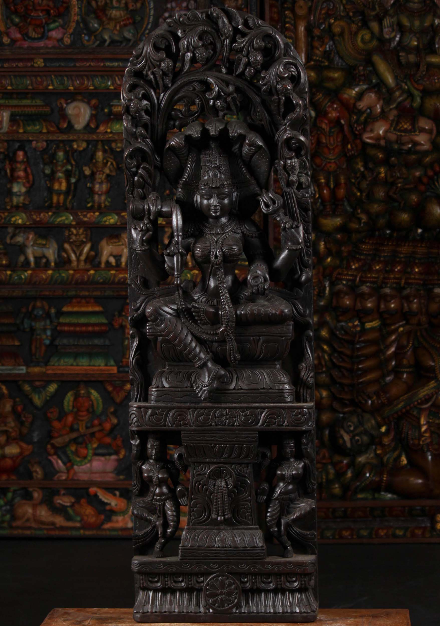 Dark Wood Shakthi Mariamman Beneath Canopy with 2 Basavi, Temple Dancers on Base 48"