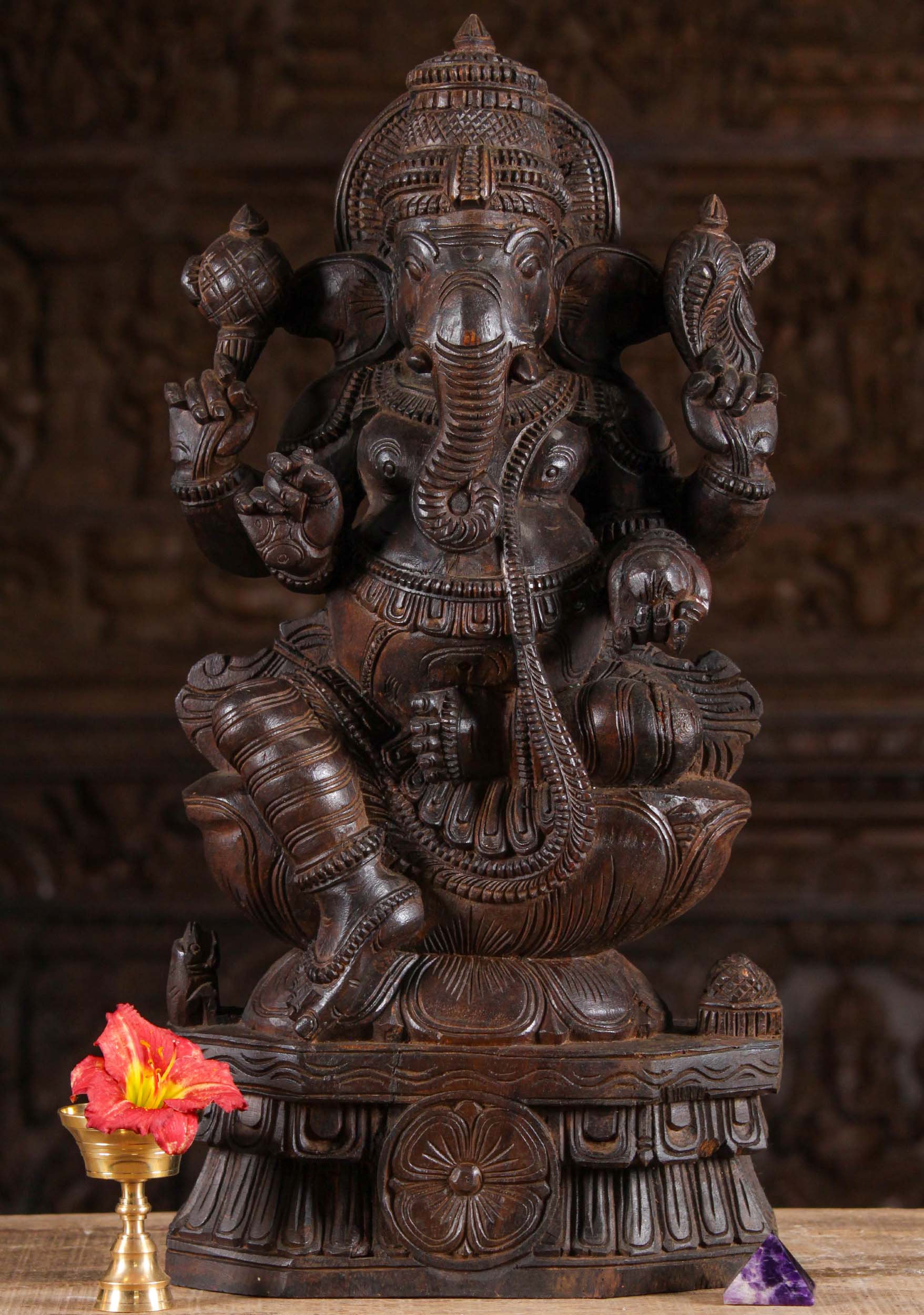 Dark Wood Ganesh Sculpture Holding Modak 24"