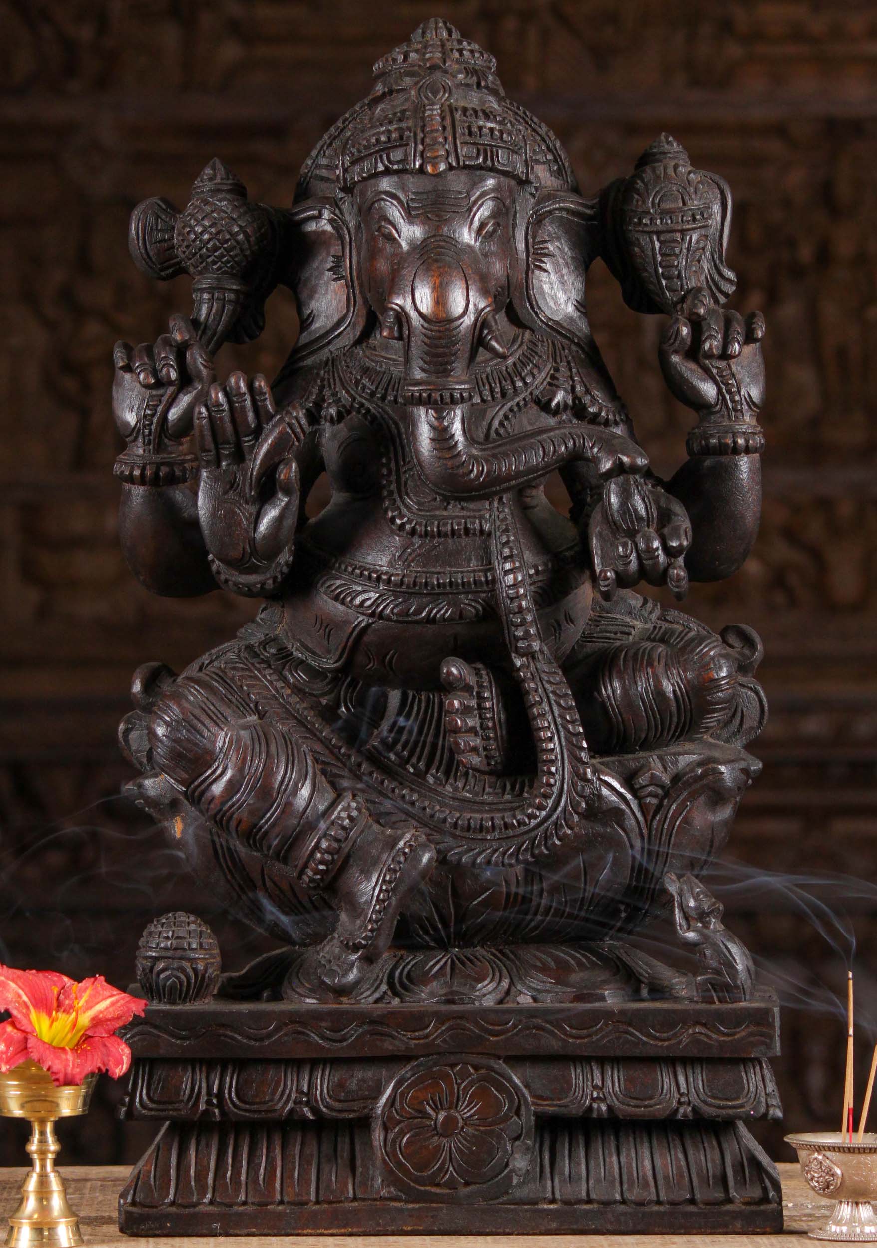 Dark Wood Ganesh with Modak on Lotus Base 24"