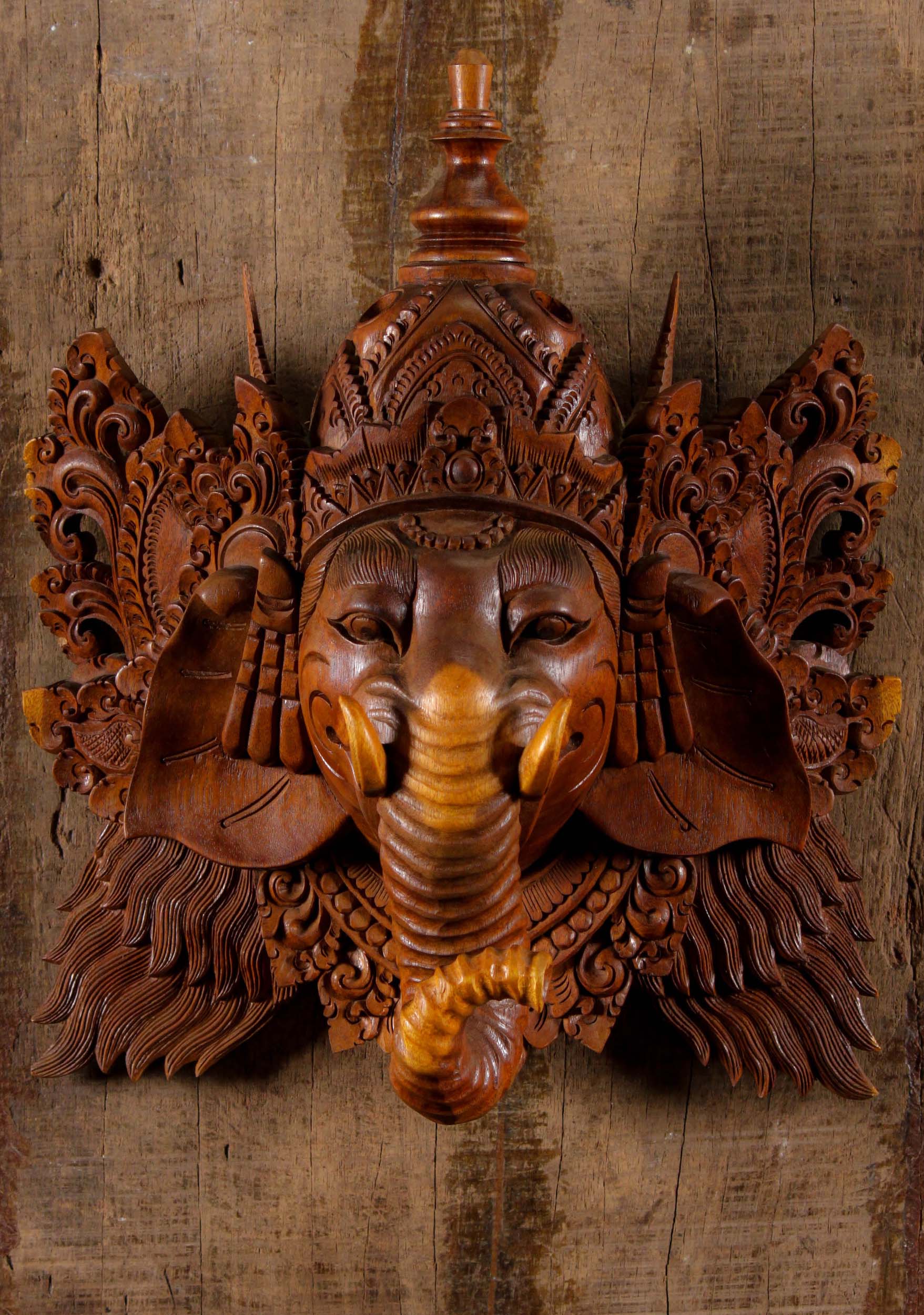 Wood Ganesh Face Wall Hanging 15"