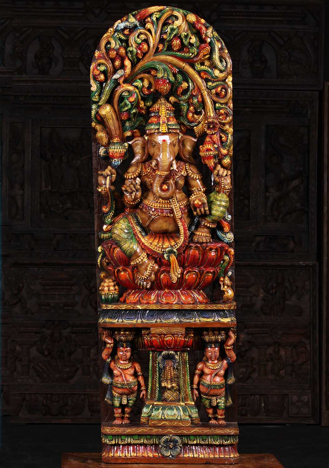 Wood Carving of Hindu God Ganesh Seated in Relaxed Pose, Lalitasana Position with 2 Gana 60"