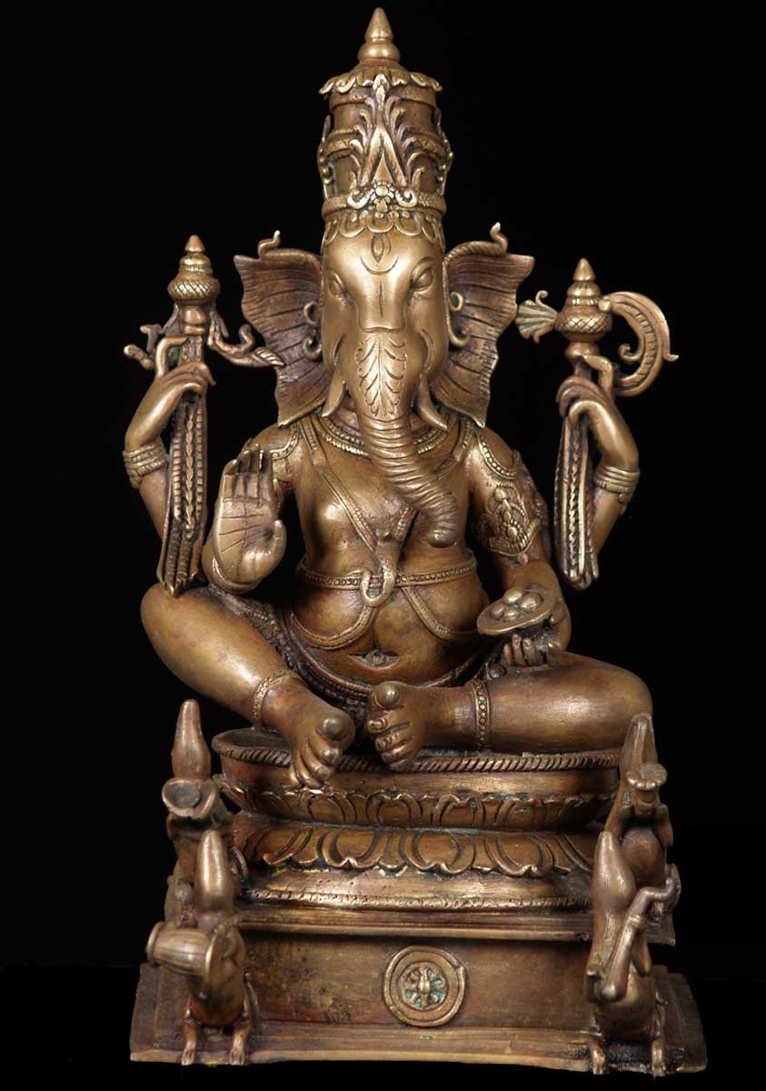 Bronze Ganesh with Rat Band 13.5"