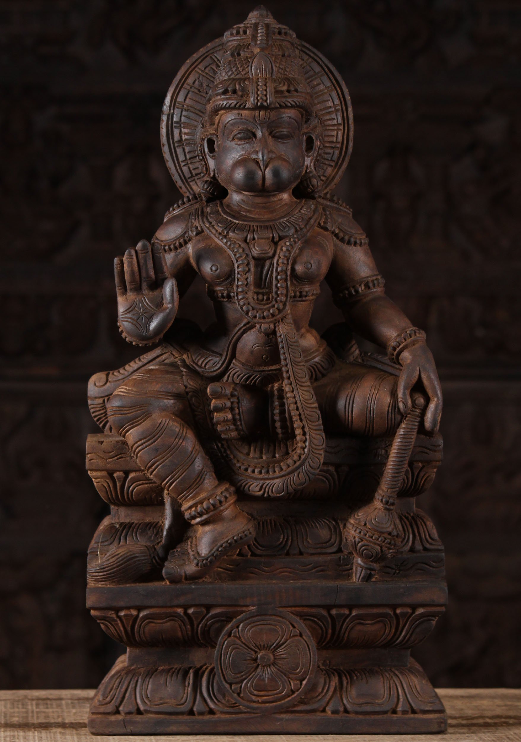 Wood Seated Abhaya Mudra Hanuman Statue 24"