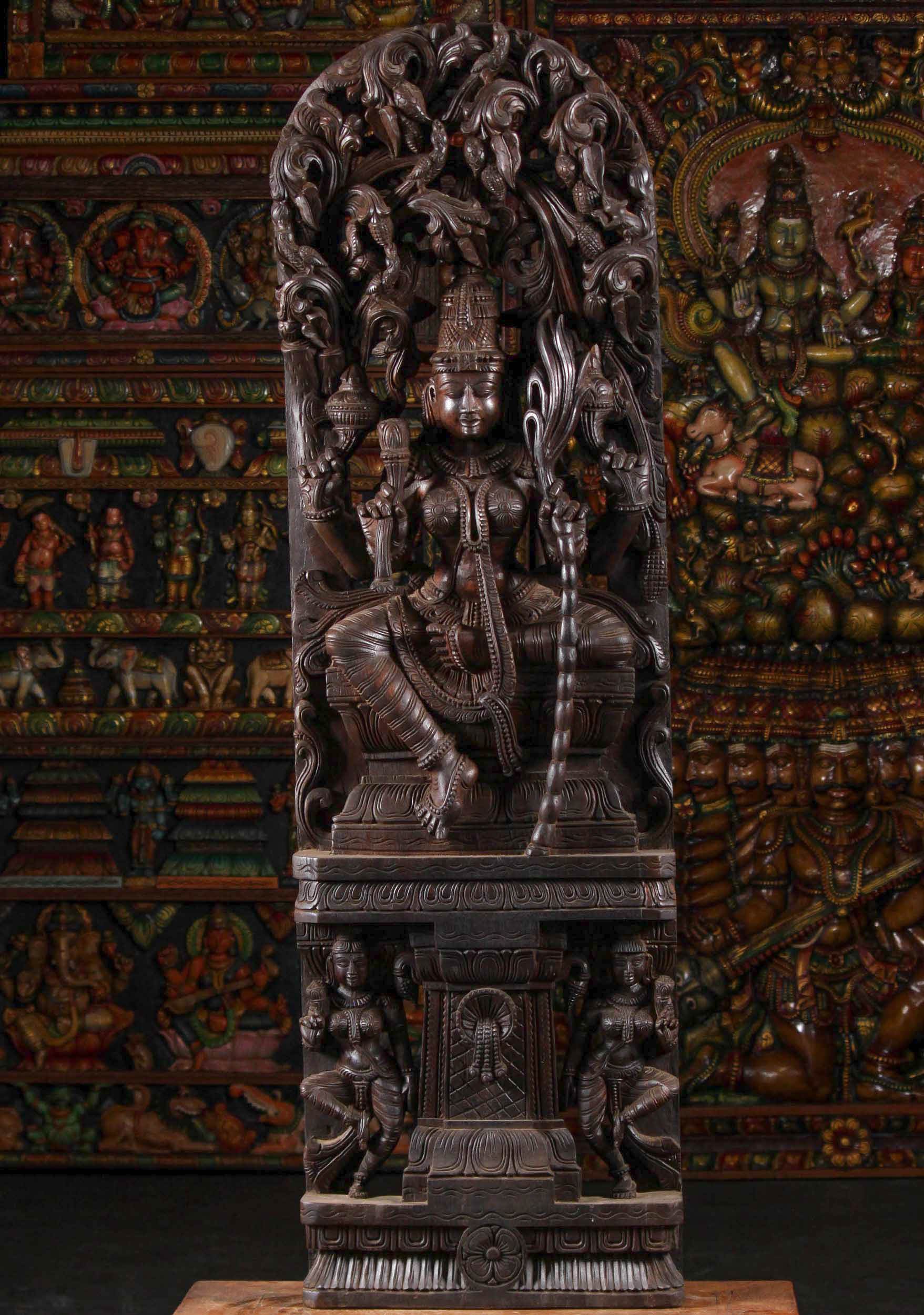 Large Wooden Kamakshi Statue Seated on Lotus Base Beneath Canopy Hindu Wall Panel 60"