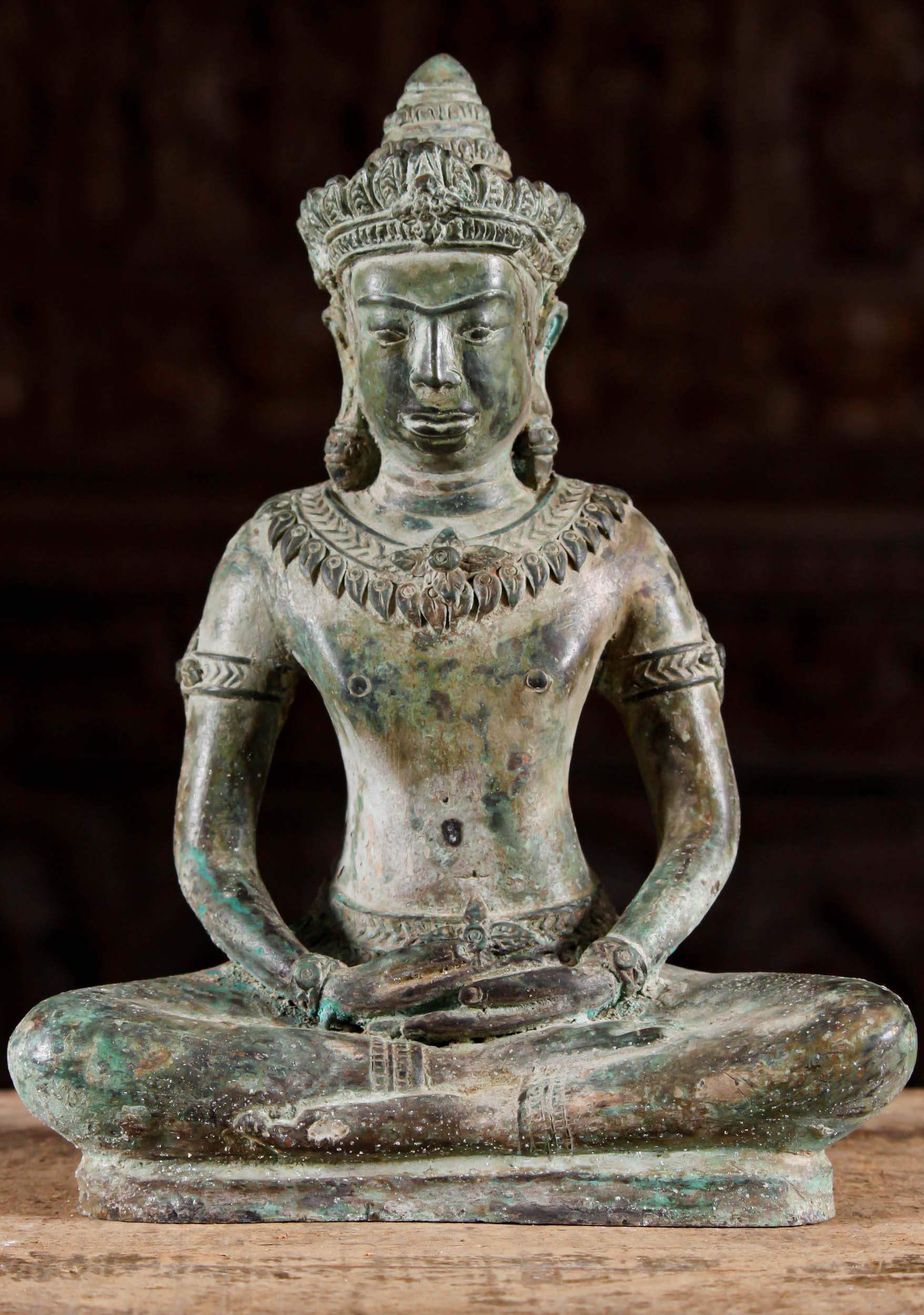 Brass Khmer Cambodian Style Buddha Statue Meditating in Half Lotus Seated Position 10"