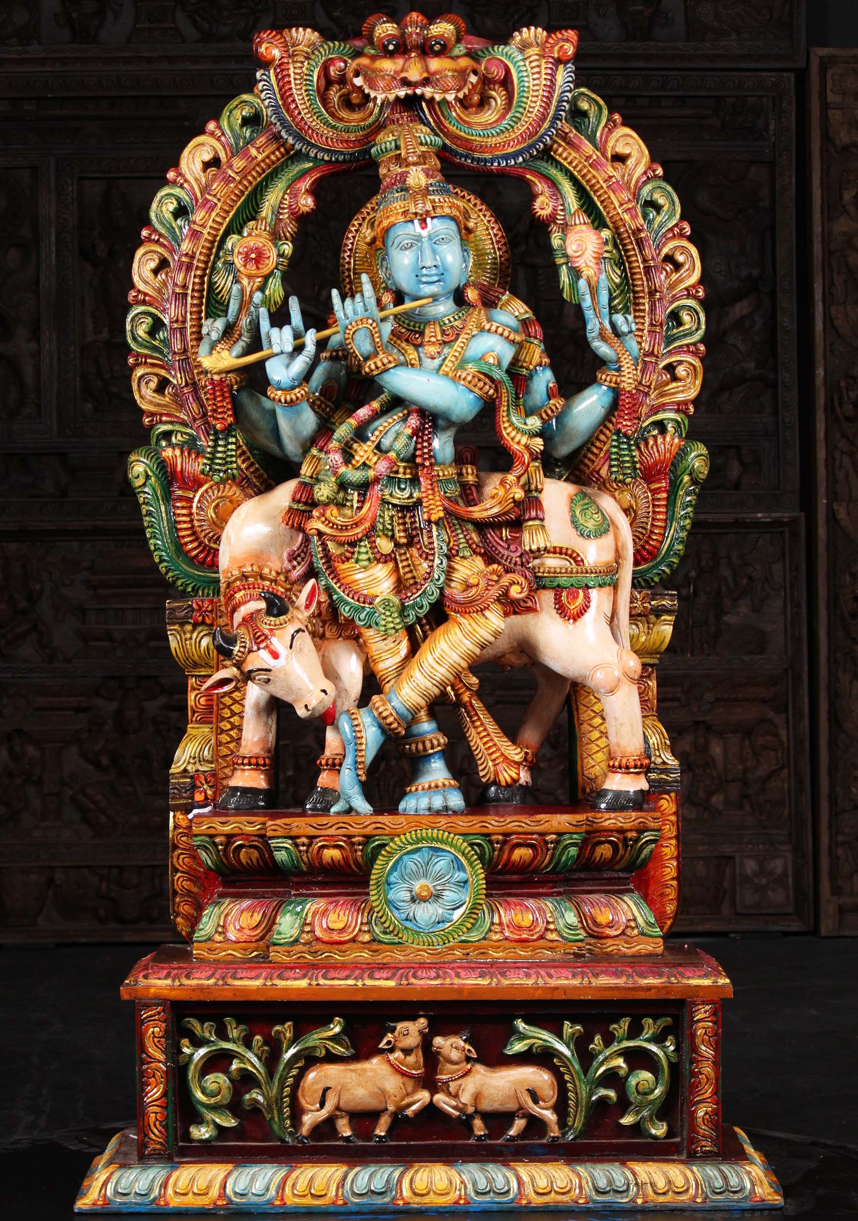 Large Wood Gopal Krishna with Cow 60"