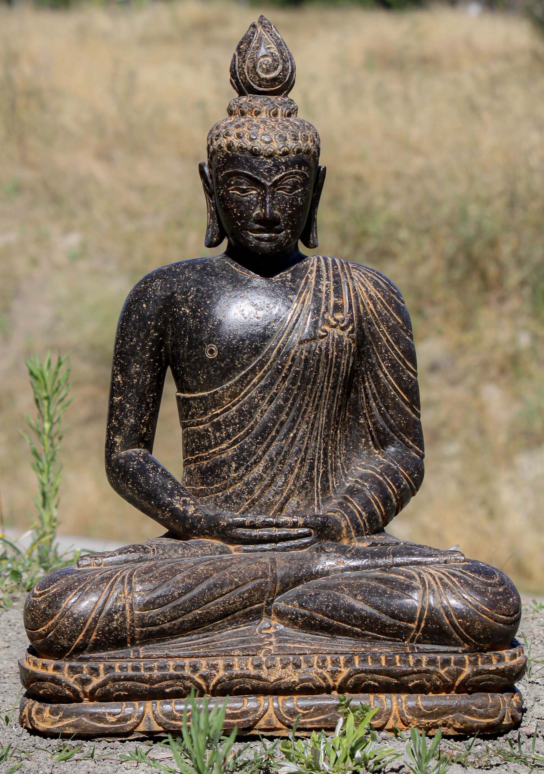 Stone Buddha Meditating with Flame Finial 25"